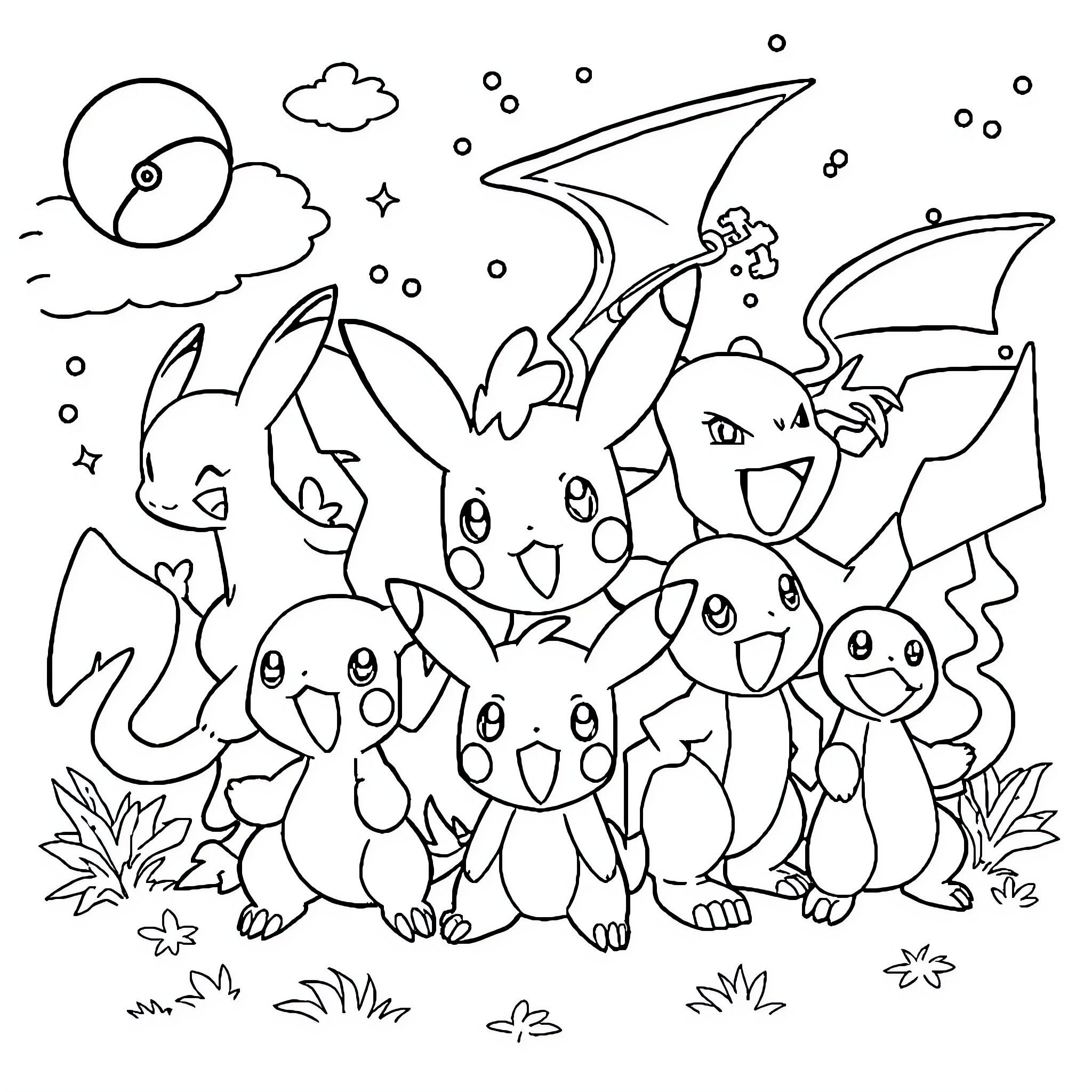 Pokémon characters in a whimsical outdoor scene Coloring Page (free black-and-white line drawing printable PDF for all, from beginners to advanced learners, including children, teens, adults, and seniors)