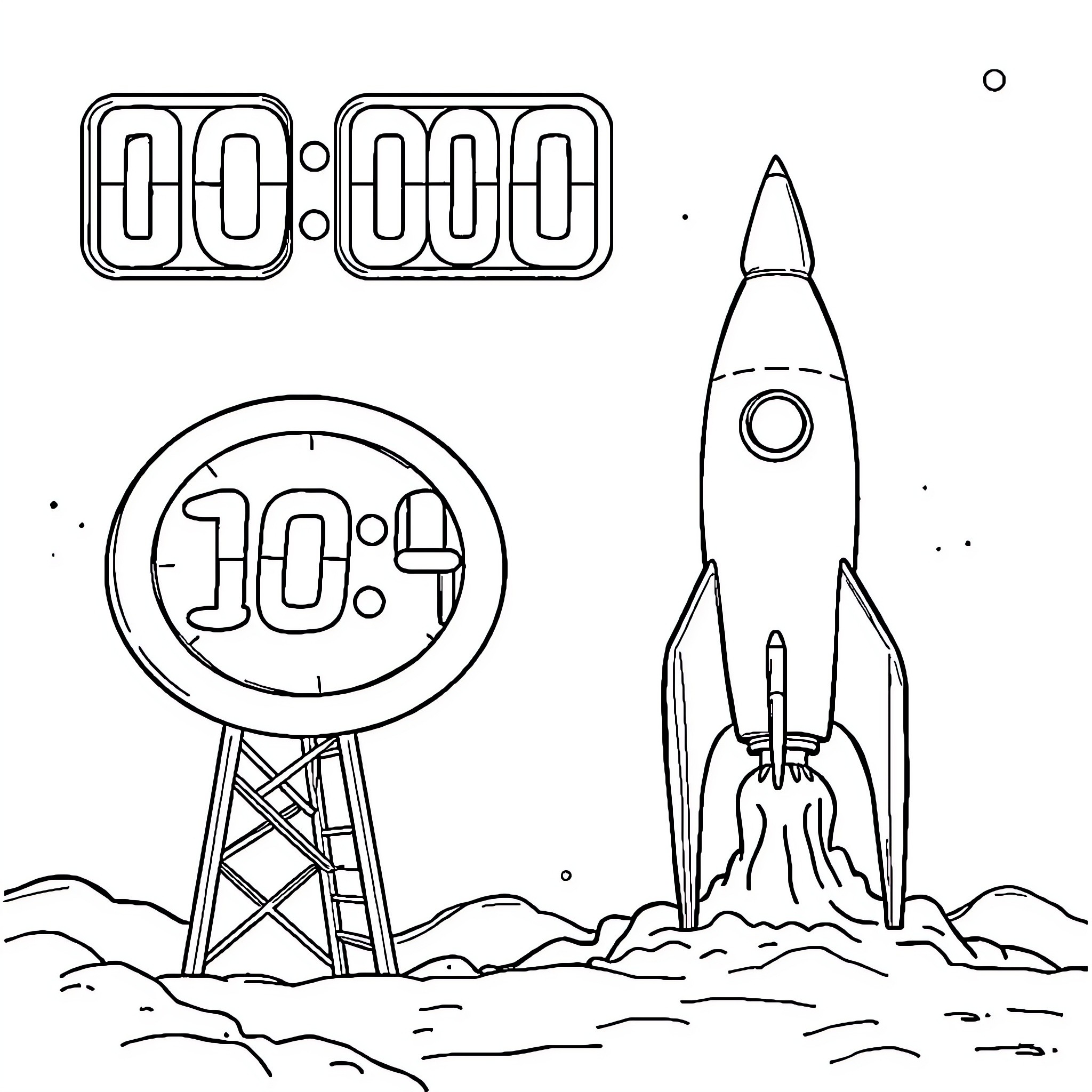 Rocket launching countdown in space landscape Coloring Page (free black-and-white line drawing printable PDF for all, from beginners to advanced learners, including children, teens, adults, and seniors)