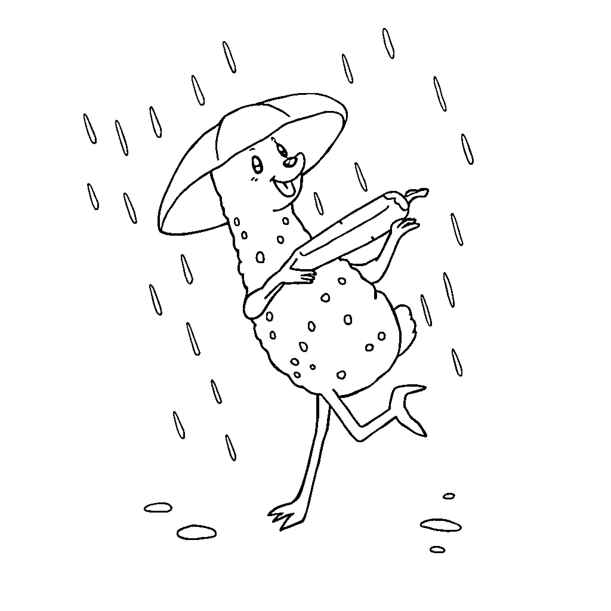Caca dancing joyfully in the rain Coloring Page (free black-and-white line drawing printable PDF for all, from beginners to advanced learners, including children, teens, adults, and seniors)