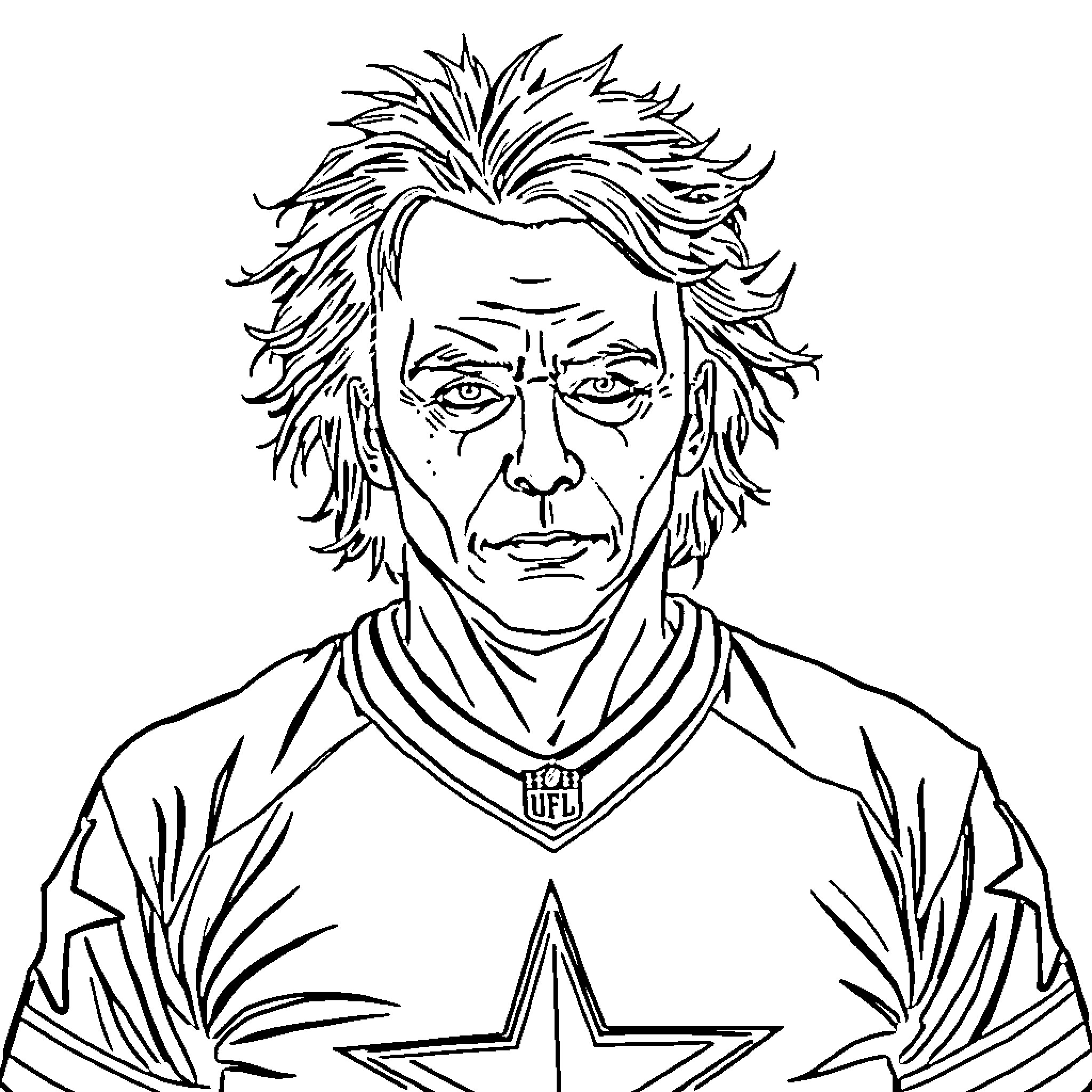 Michael Myers with intense gaze and messy hair Coloring Page (free black-and-white line drawing printable PDF for all, from beginners to advanced learners, including children, teens, adults, and seniors)