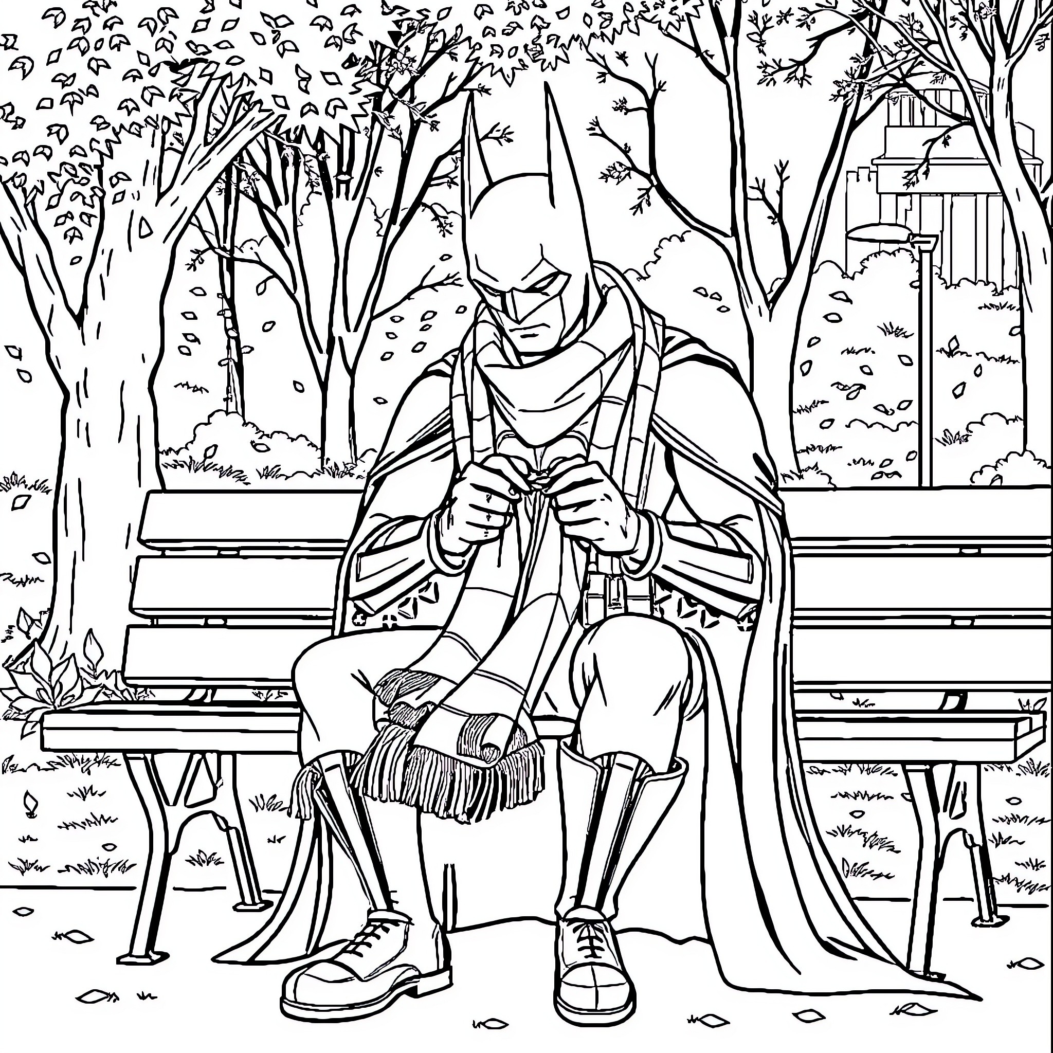 Batman Contemplating in the Serene Park Coloring Page (free black-and-white line drawing printable PDF for all, from beginners to advanced learners, including children, teens, adults, and seniors)
