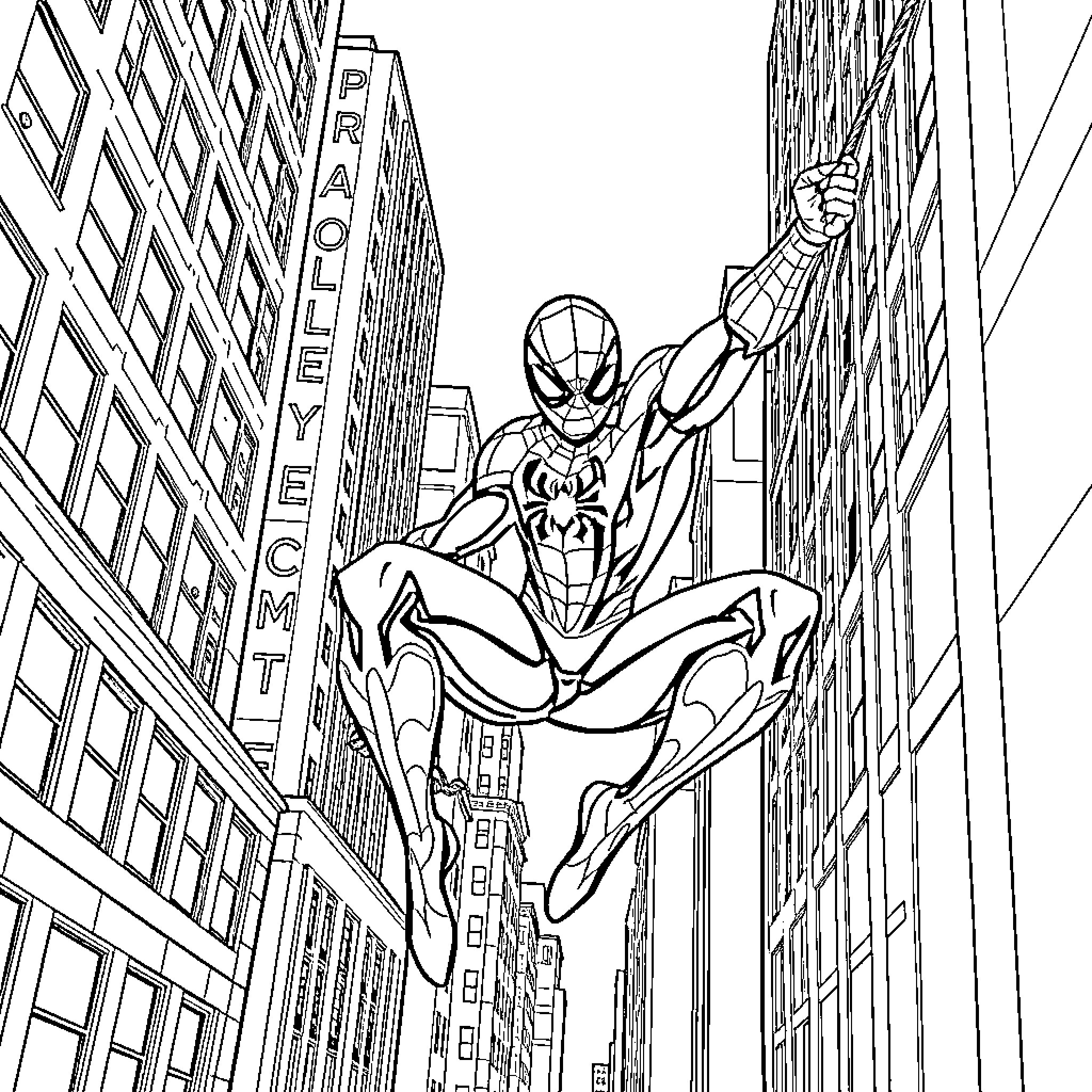 Spiderman swinging through the city streets Coloring Page (free black-and-white line drawing printable PDF for all, from beginners to advanced learners, including children, teens, adults, and seniors)