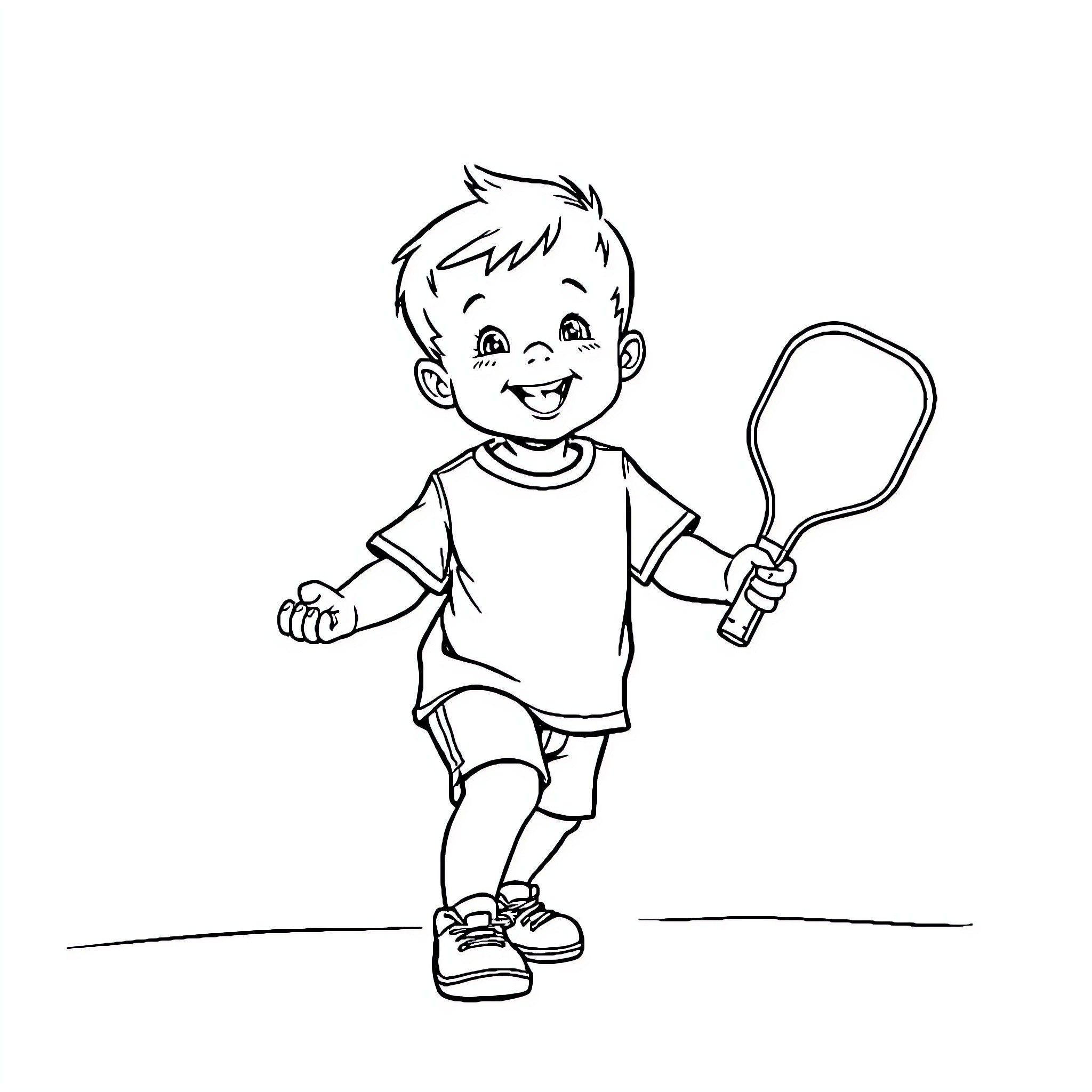 Baby boy happily playing with tennis racket Coloring Page (free black-and-white line drawing printable PDF for all, from beginners to advanced learners, including children, teens, adults, and seniors)