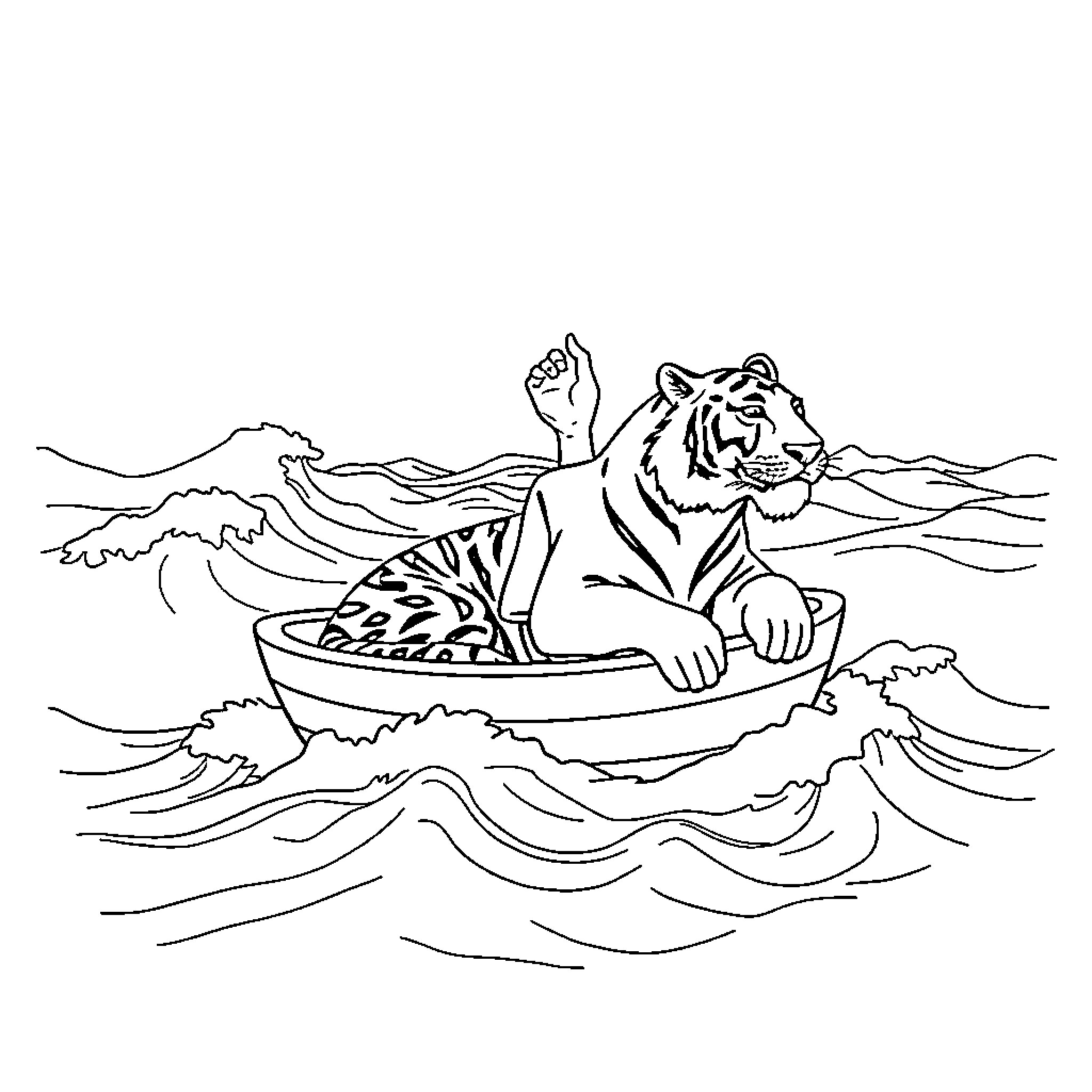 Pi Playful Tiger Sailing Across Waves Coloring Page (free black-and-white line drawing printable PDF for all, from beginners to advanced learners, including children, teens, adults, and seniors)
