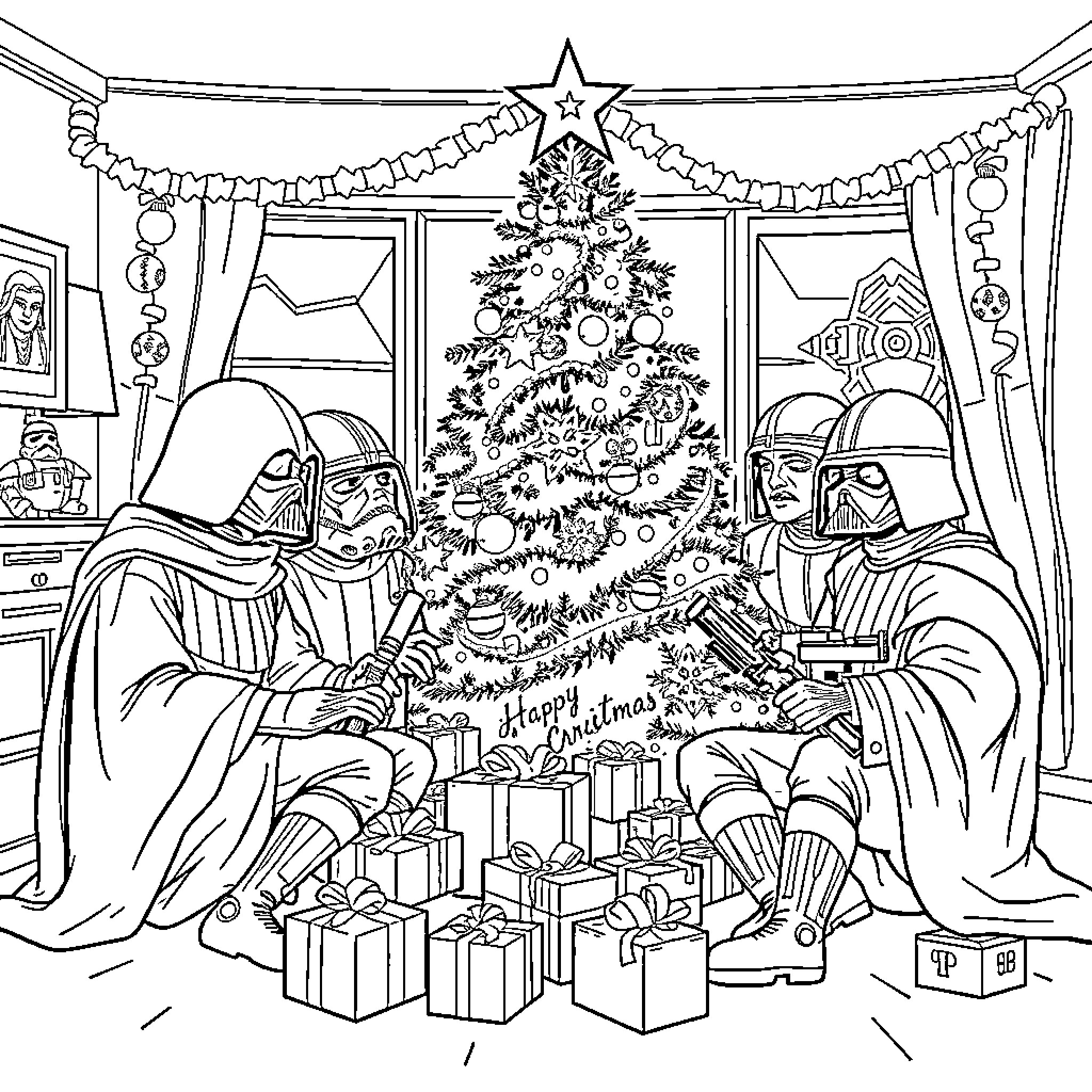 Star Wars characters celebrate Christmas with a festive tree Coloring Page (free black-and-white line drawing printable PDF for all, from beginners to advanced learners, including children, teens, adults, and seniors)