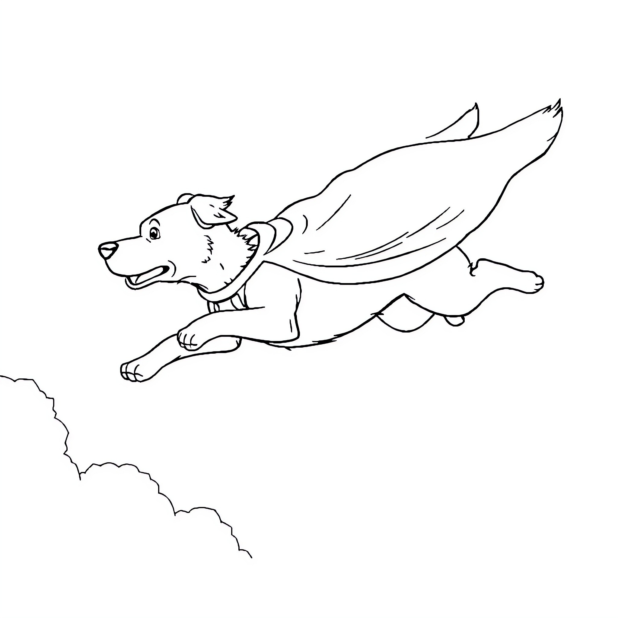 Dog flying swiftly through the sky Coloring Page (free black-and-white line drawing printable PDF for all, from beginners to advanced learners, including children, teens, adults, and seniors)