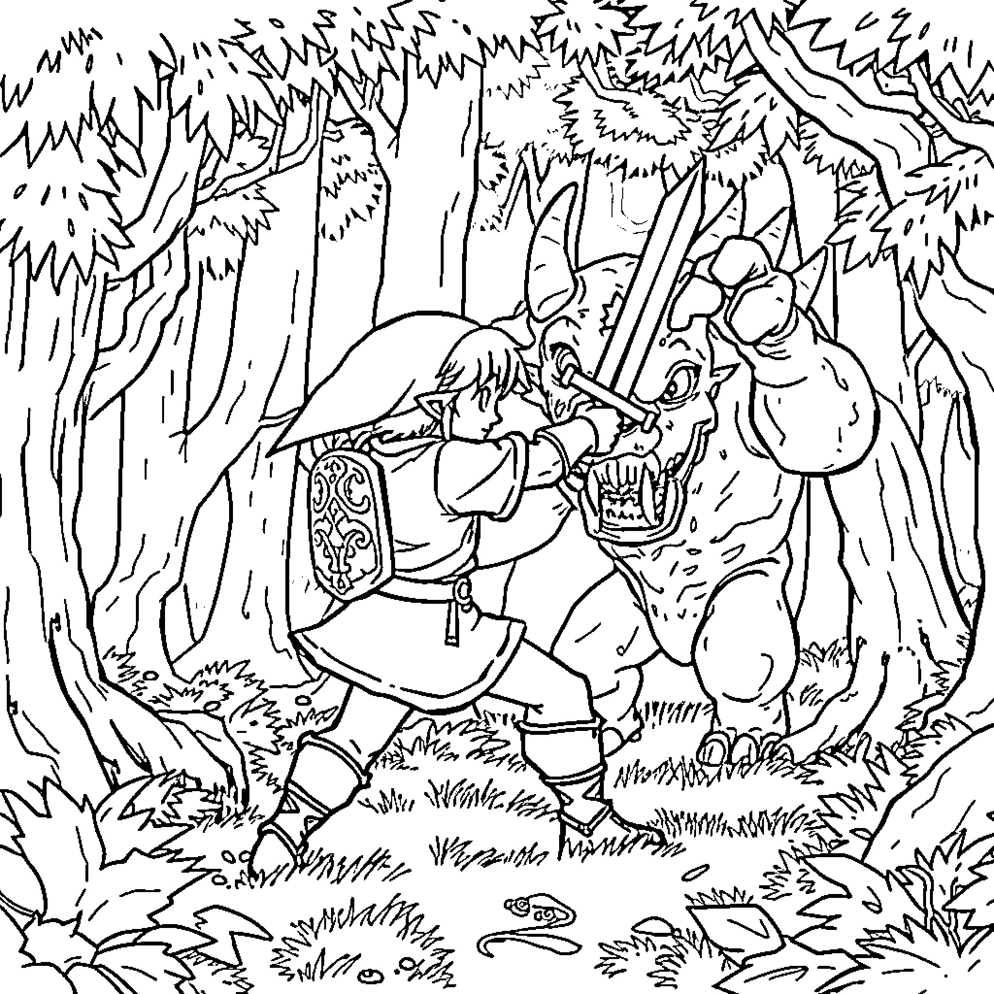 Link Facing Fierce Creature in the Forest Coloring Page (free black-and-white line drawing printable PDF for all, from beginners to advanced learners, including children, teens, adults, and seniors)