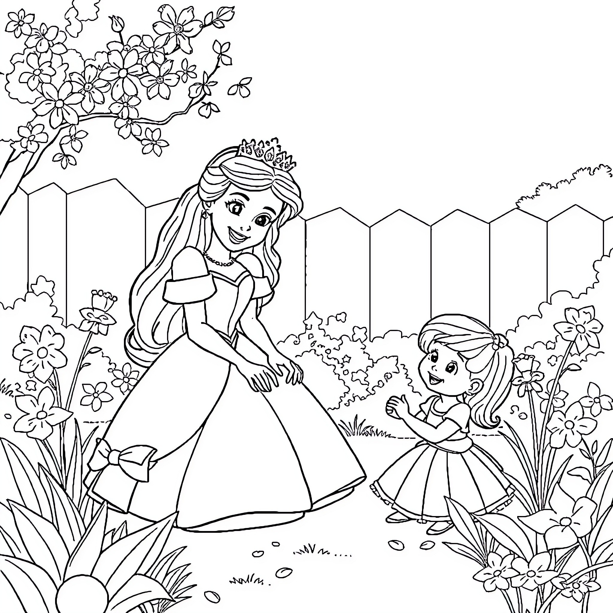 Princess Playing with Her Young Companion in a Floral Garden Coloring Page (free black-and-white line drawing printable PDF for all, from beginners to advanced learners, including children, teens, adults, and seniors)