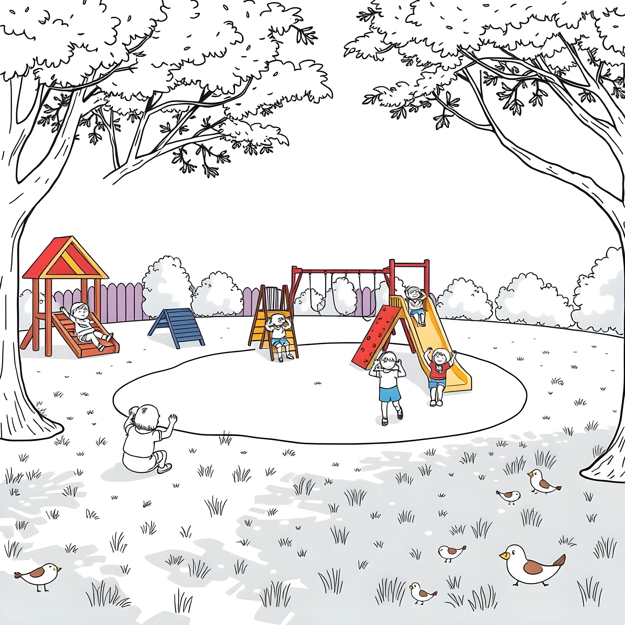 Child playing at the playground in the forest Coloring Page (free black-and-white line drawing printable PDF for all, from beginners to advanced learners, including children, teens, adults, and seniors)
