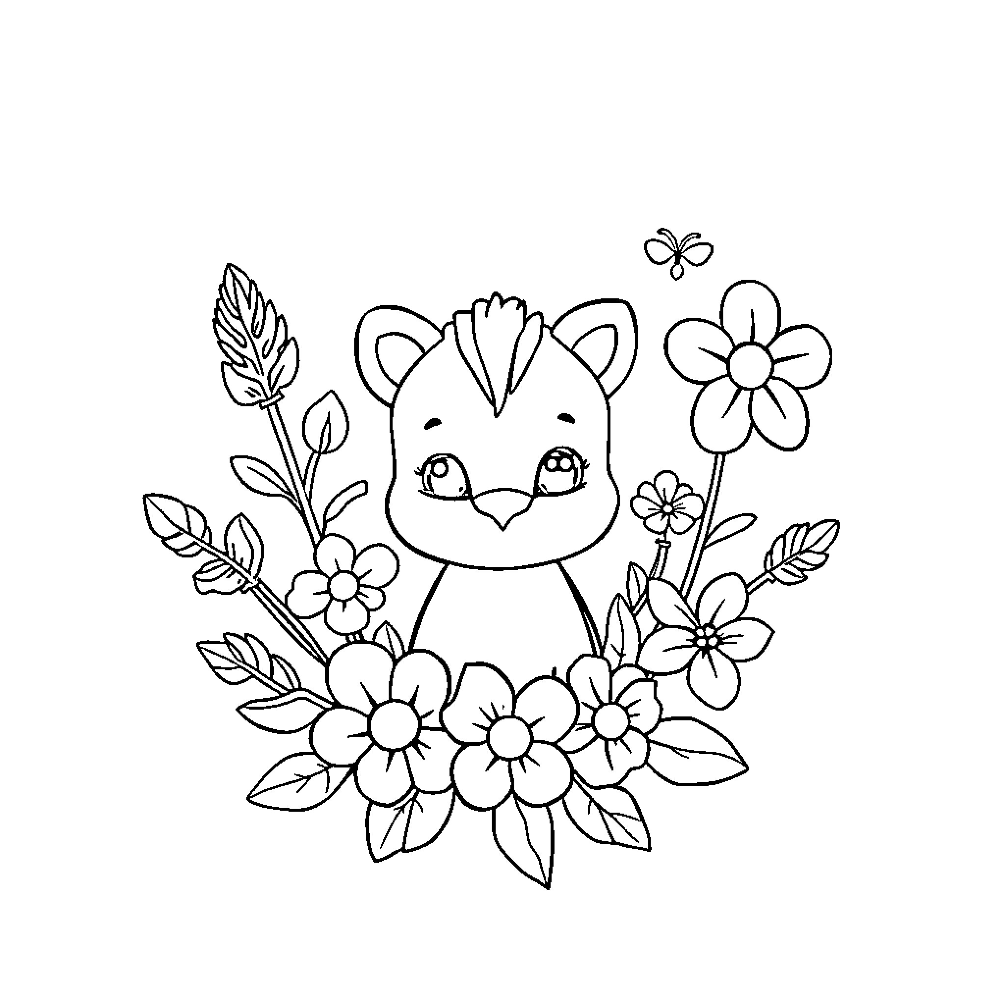Animal enjoying floral garden with butterflies Coloring Page (free black-and-white line drawing printable PDF for all, from beginners to advanced learners, including children, teens, adults, and seniors)