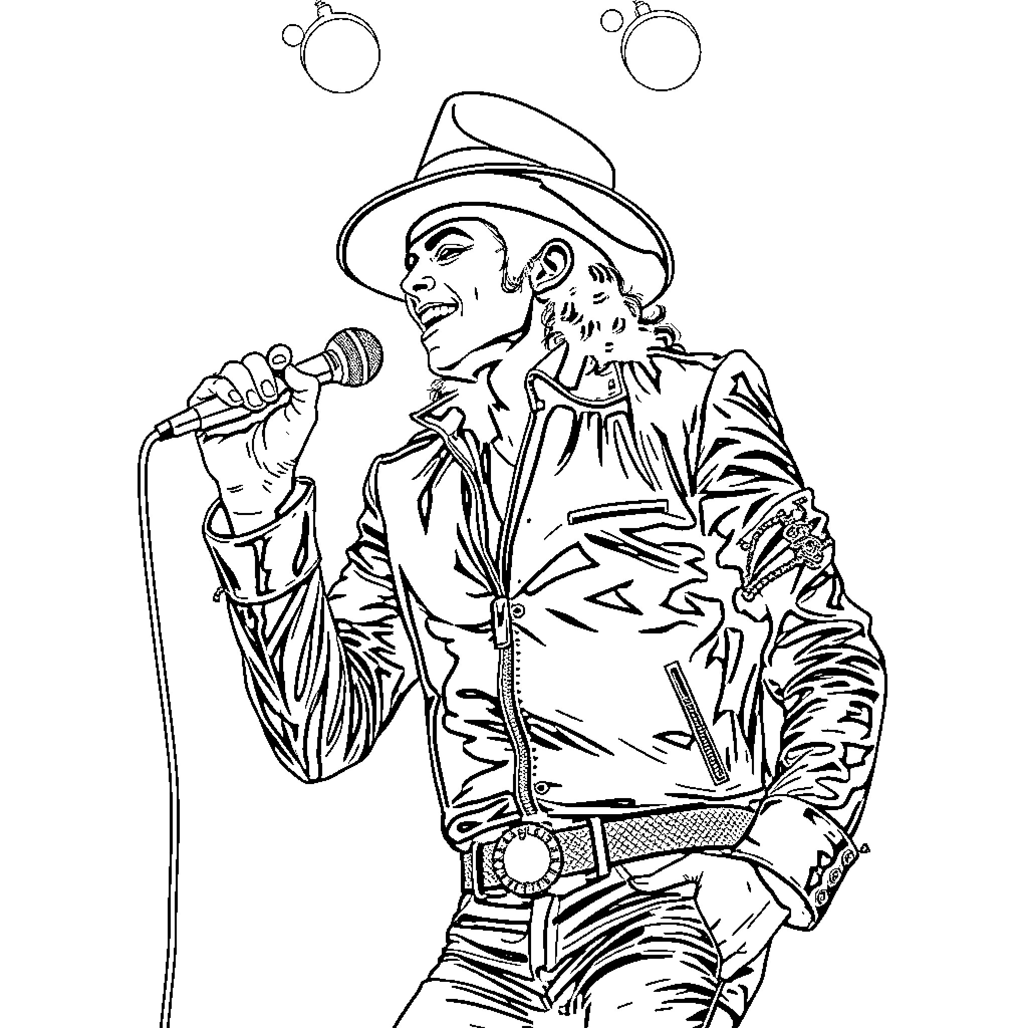 Michael Jackson performing on stage with microphone Coloring Page (free black-and-white line drawing printable PDF for all, from beginners to advanced learners, including children, teens, adults, and seniors)
