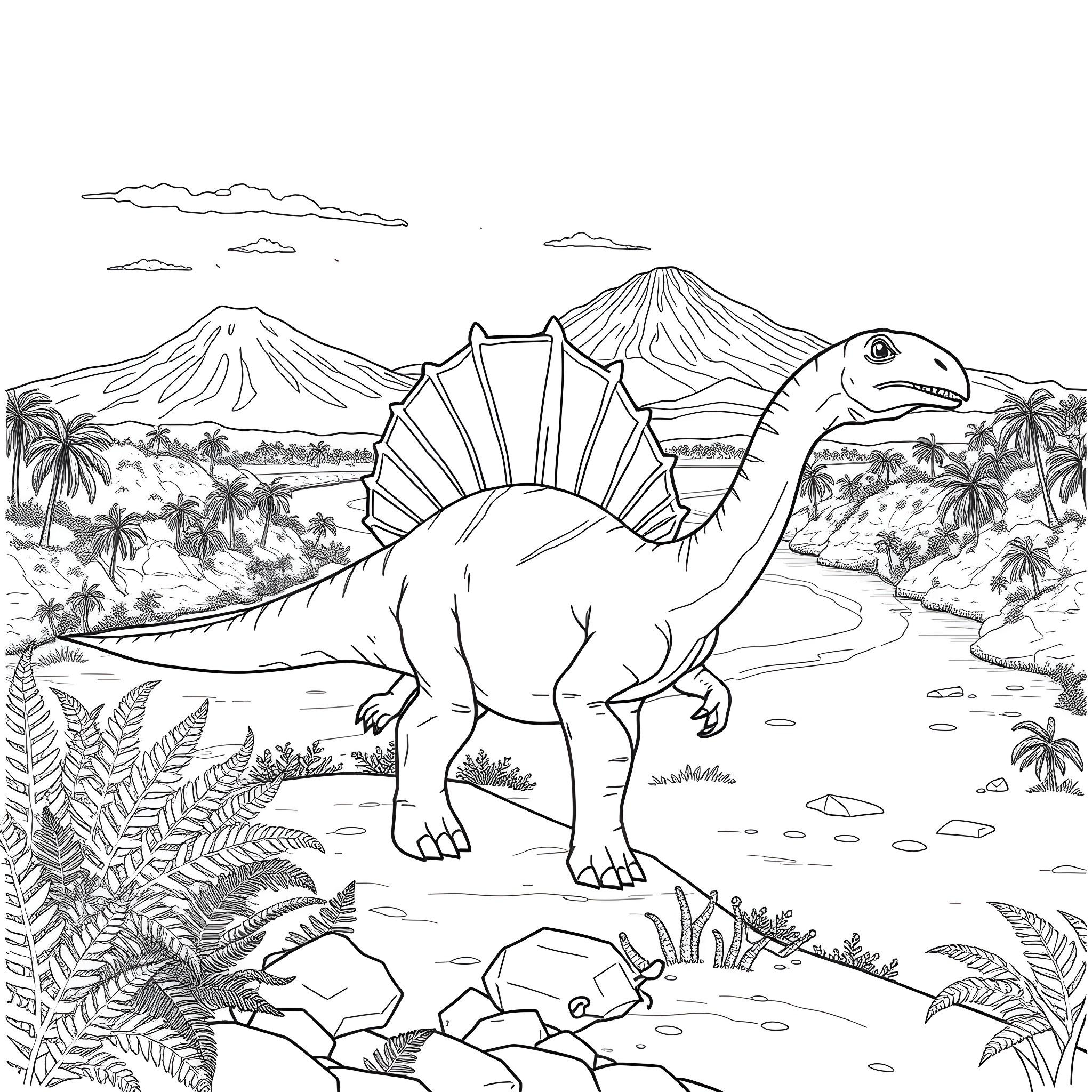 Spinosaurus exploring a prehistoric landscape Coloring Page (free black-and-white line drawing printable PDF for all, from beginners to advanced learners, including children, teens, adults, and seniors)