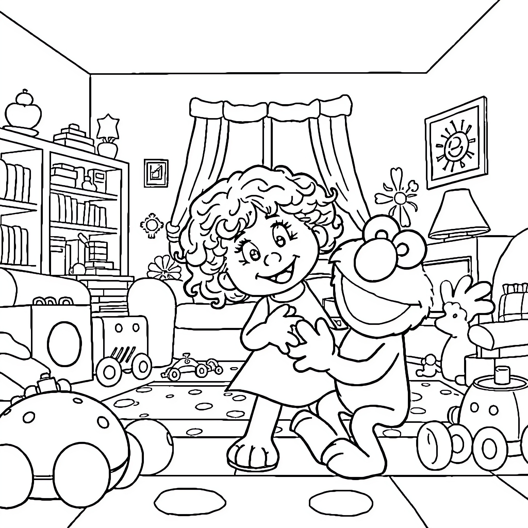 Elmo Playing with Toys in His Room Coloring Page (free black-and-white line drawing printable PDF for all, from beginners to advanced learners, including children, teens, adults, and seniors)