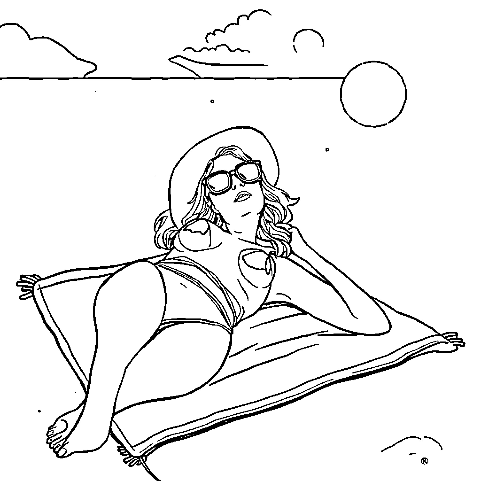 Sidney Sweeney relaxing on the beach with sunglasses Coloring Page (free black-and-white line drawing printable PDF for all, from beginners to advanced learners, including children, teens, adults, and seniors)