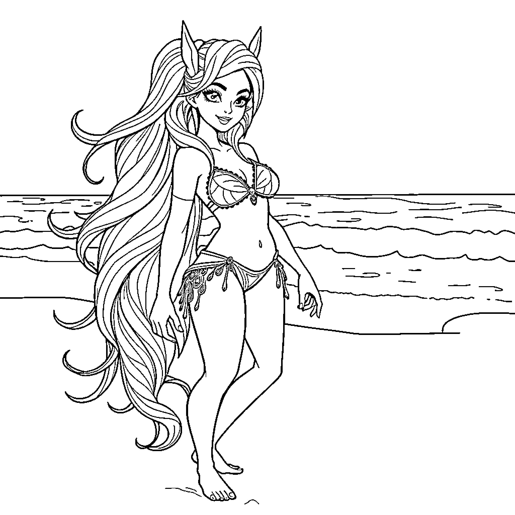 Tyrande Whisperwind standing gracefully on the beach Coloring Page (free black-and-white line drawing printable PDF for all, from beginners to advanced learners, including children, teens, adults, and seniors)