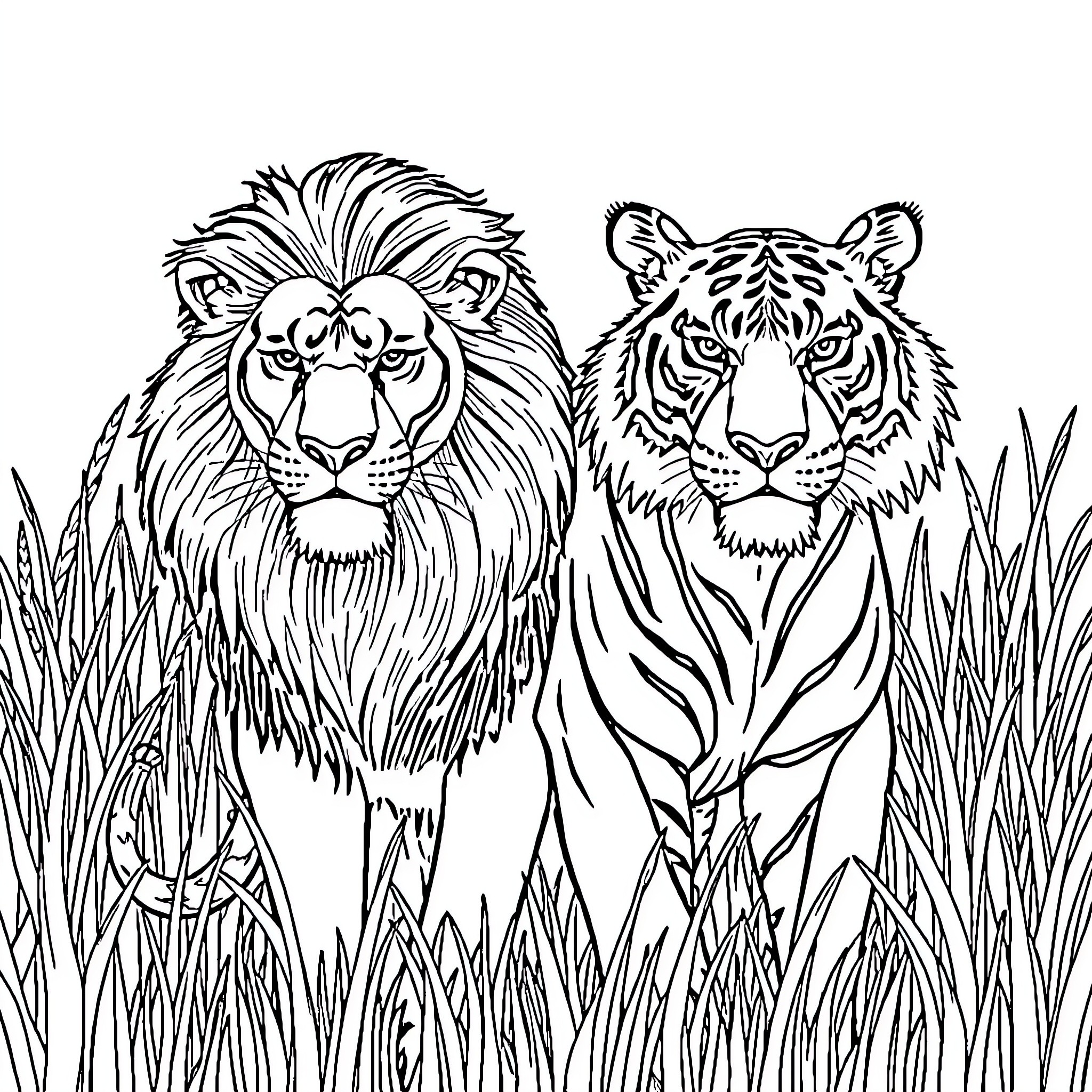 Lion and Tiger in the Tall Grass Coloring Page (free black-and-white line drawing printable PDF for all, from beginners to advanced learners, including children, teens, adults, and seniors)