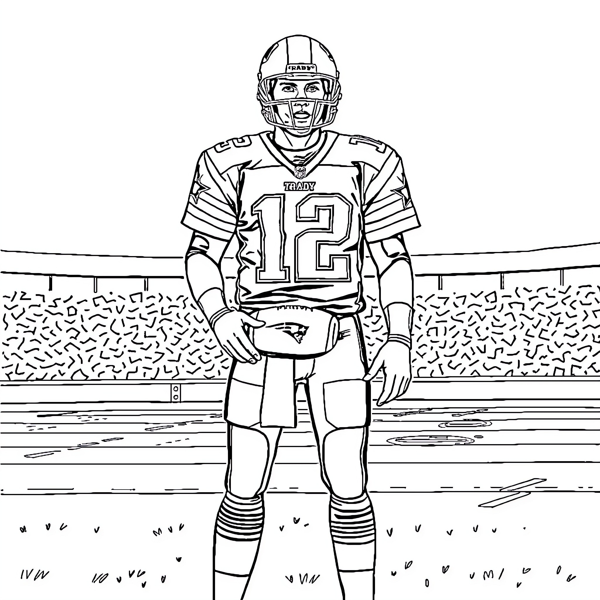 Tom Brady posing confidently on the football field Coloring Page (free black-and-white line drawing printable PDF for all, from beginners to advanced learners, including children, teens, adults, and seniors)
