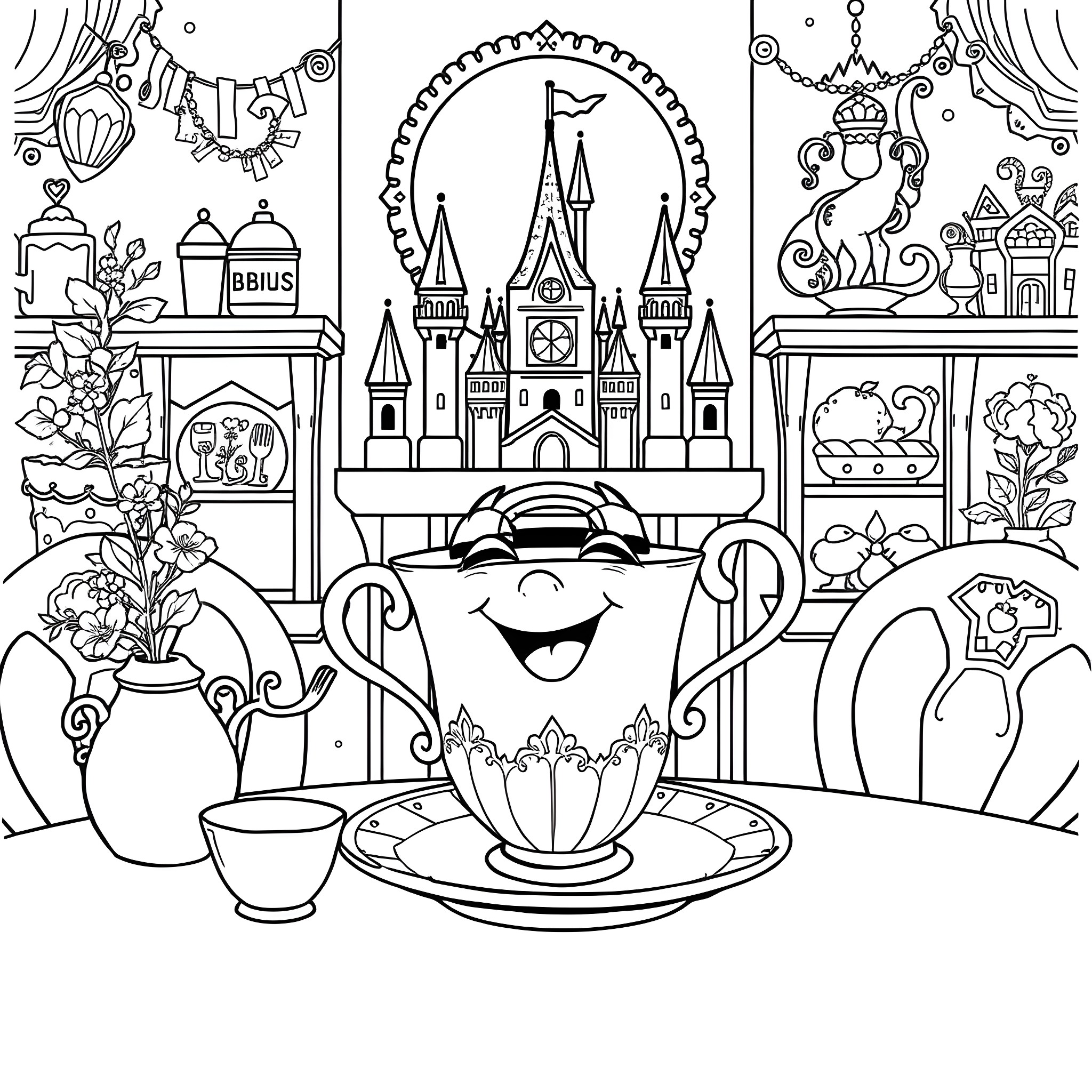 Chip's Whimsical Teacup Adventure Coloring Page (free black-and-white line drawing printable PDF for all, from beginners to advanced learners, including children, teens, adults, and seniors)