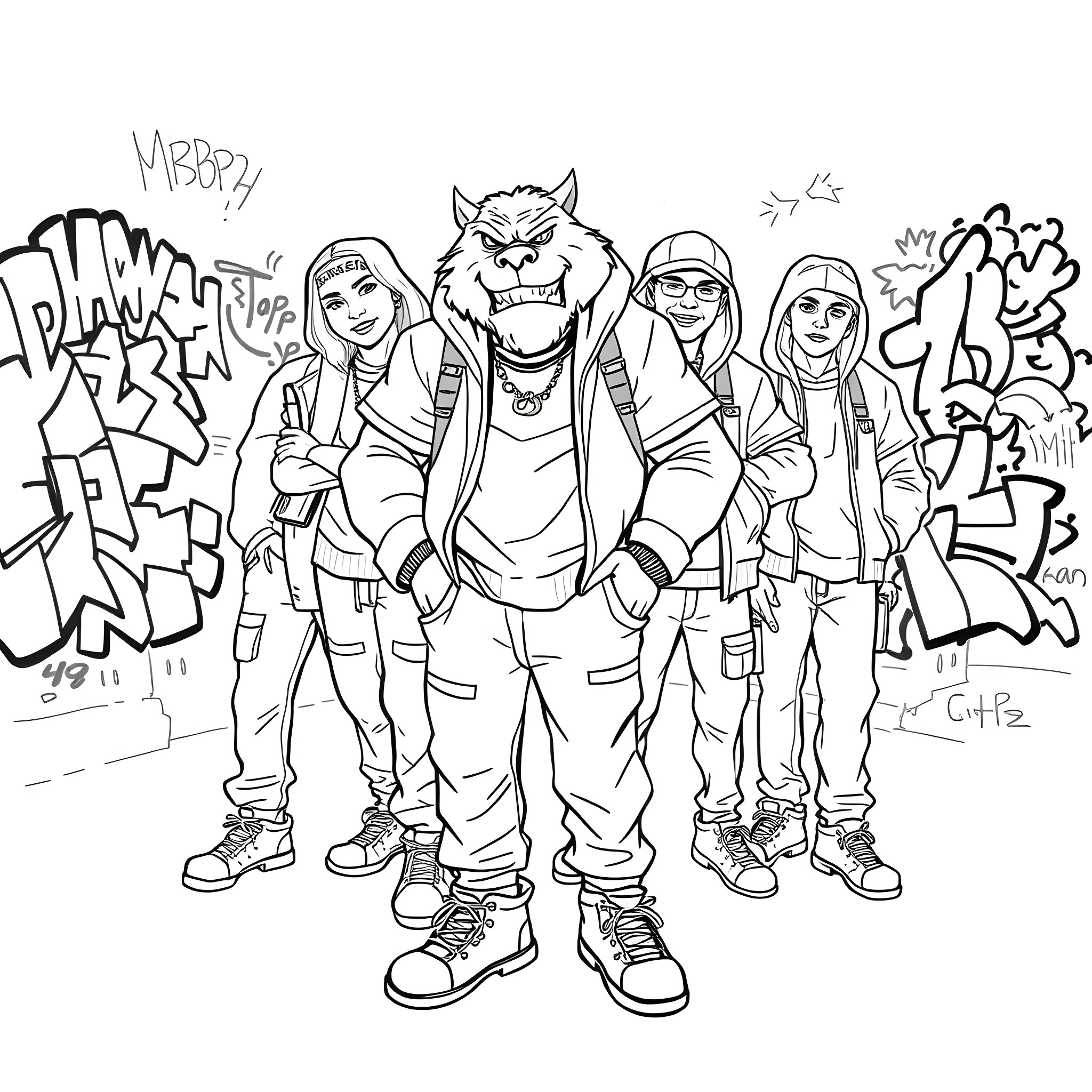 Mr Beast and Crew Explore Street Art Graffiti Coloring Page (free black-and-white line drawing printable PDF for all, from beginners to advanced learners, including children, teens, adults, and seniors)