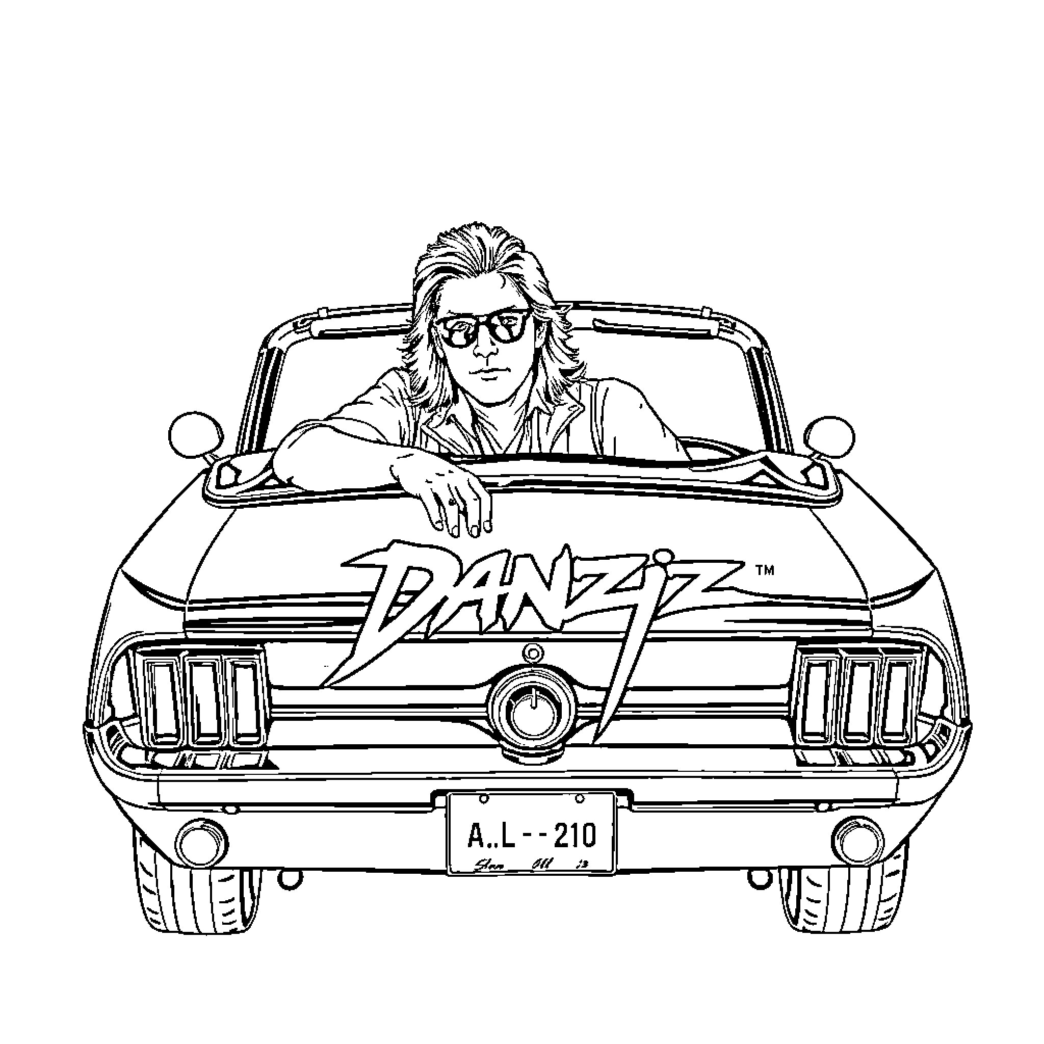 Glenn Danzig seated in a retro sports car Coloring Page (free black-and-white line drawing printable PDF for all, from beginners to advanced learners, including children, teens, adults, and seniors)