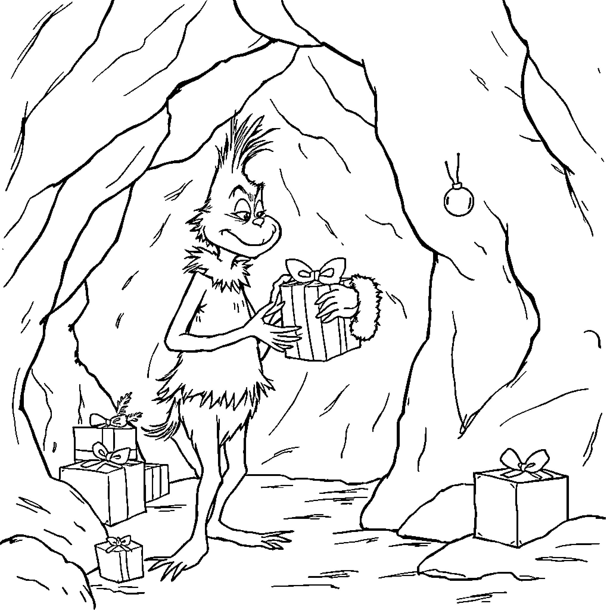 Grinch carrying presents in a snowy cave Coloring Page (free black-and-white line drawing printable PDF for all, from beginners to advanced learners, including children, teens, adults, and seniors)