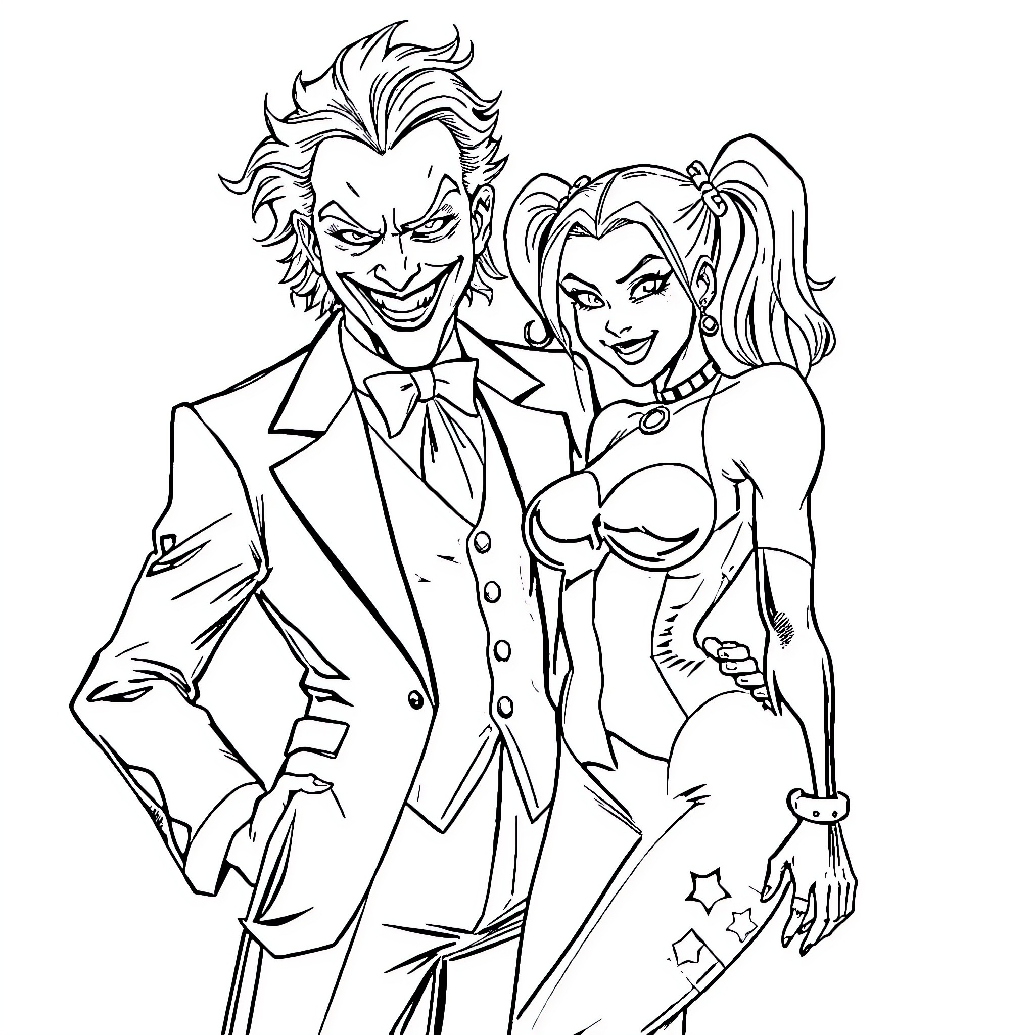 Joker and Harley Quinn's Mischievous Antics Coloring Page (free black-and-white line drawing printable PDF for all, from beginners to advanced learners, including children, teens, adults, and seniors)