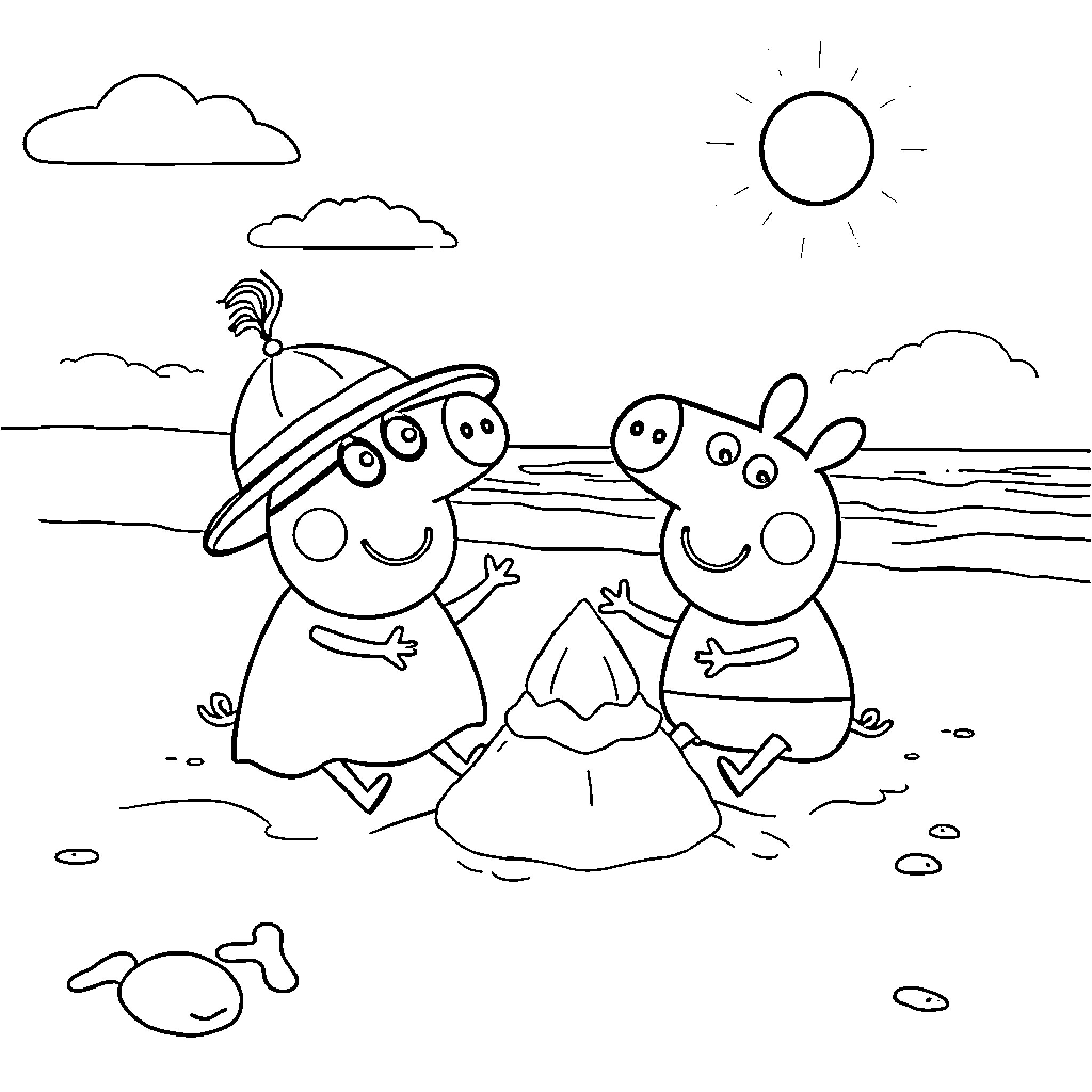 Pepa Pig and George playing on the beach Coloring Page (free black-and-white line drawing printable PDF for all, from beginners to advanced learners, including children, teens, adults, and seniors)