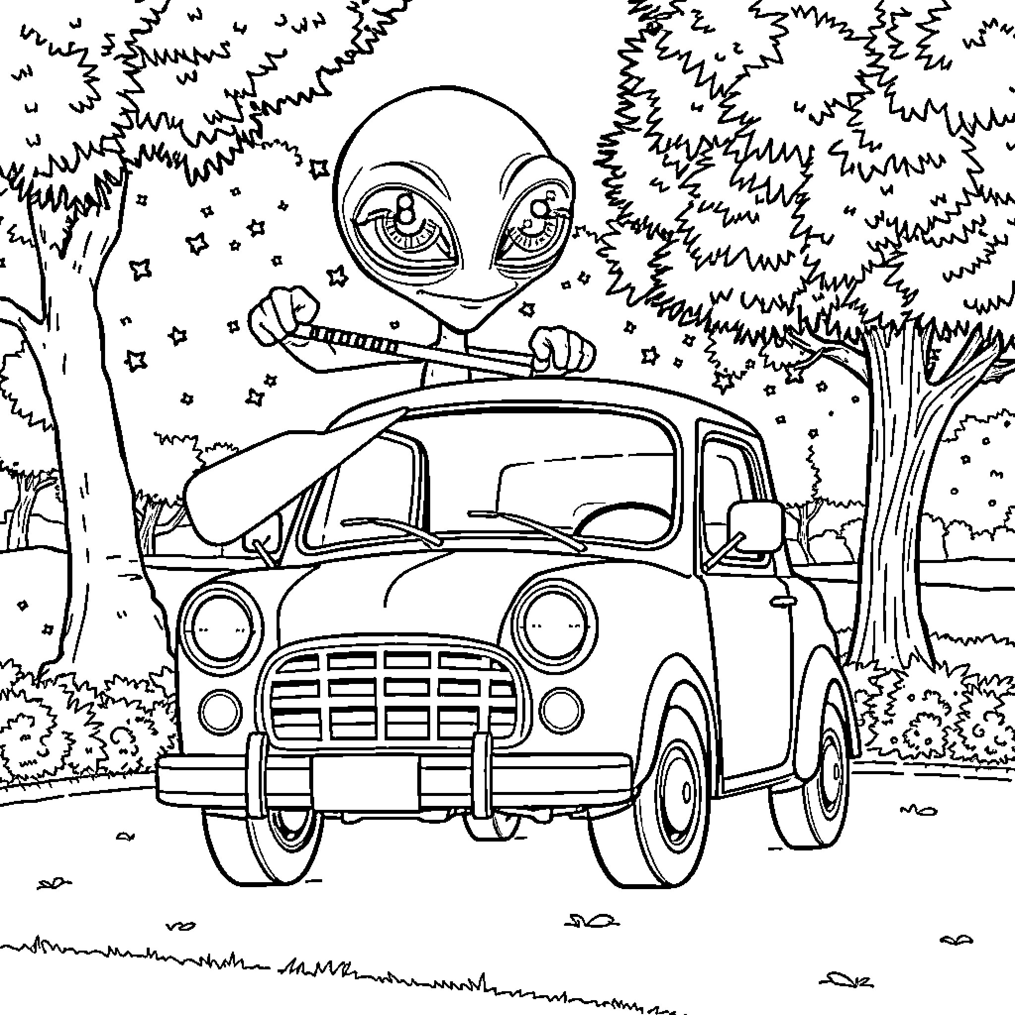 Extraterrestrial hitchhiker in retro car Coloring Page (free black-and-white line drawing printable PDF for all, from beginners to advanced learners, including children, teens, adults, and seniors)