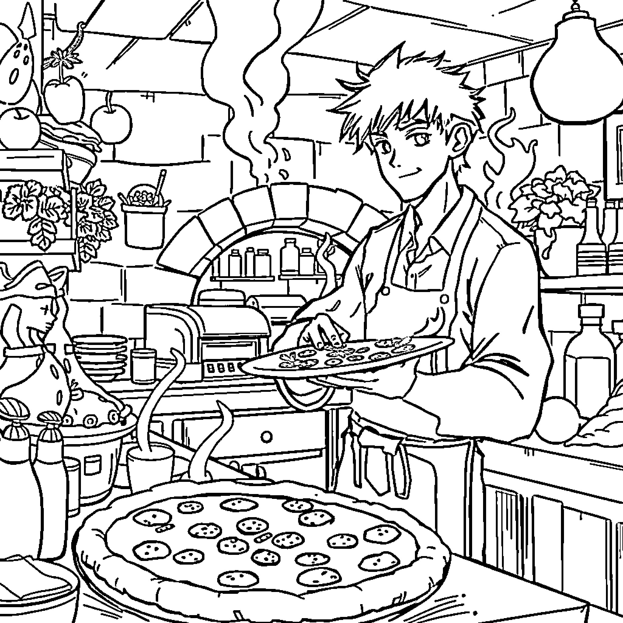 Ichigo preparing delicious pizza in the kitchen Coloring Page (free black-and-white line drawing printable PDF for all, from beginners to advanced learners, including children, teens, adults, and seniors)