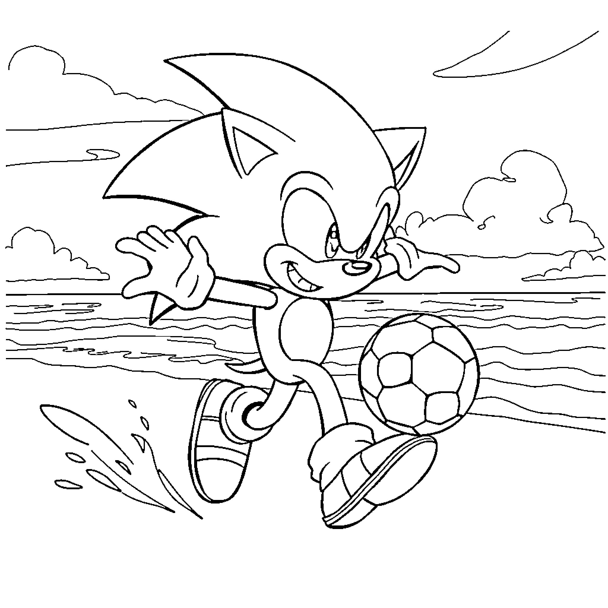 Sonic playing with soccer ball near the beach Coloring Page (free black-and-white line drawing printable PDF for all, from beginners to advanced learners, including children, teens, adults, and seniors)