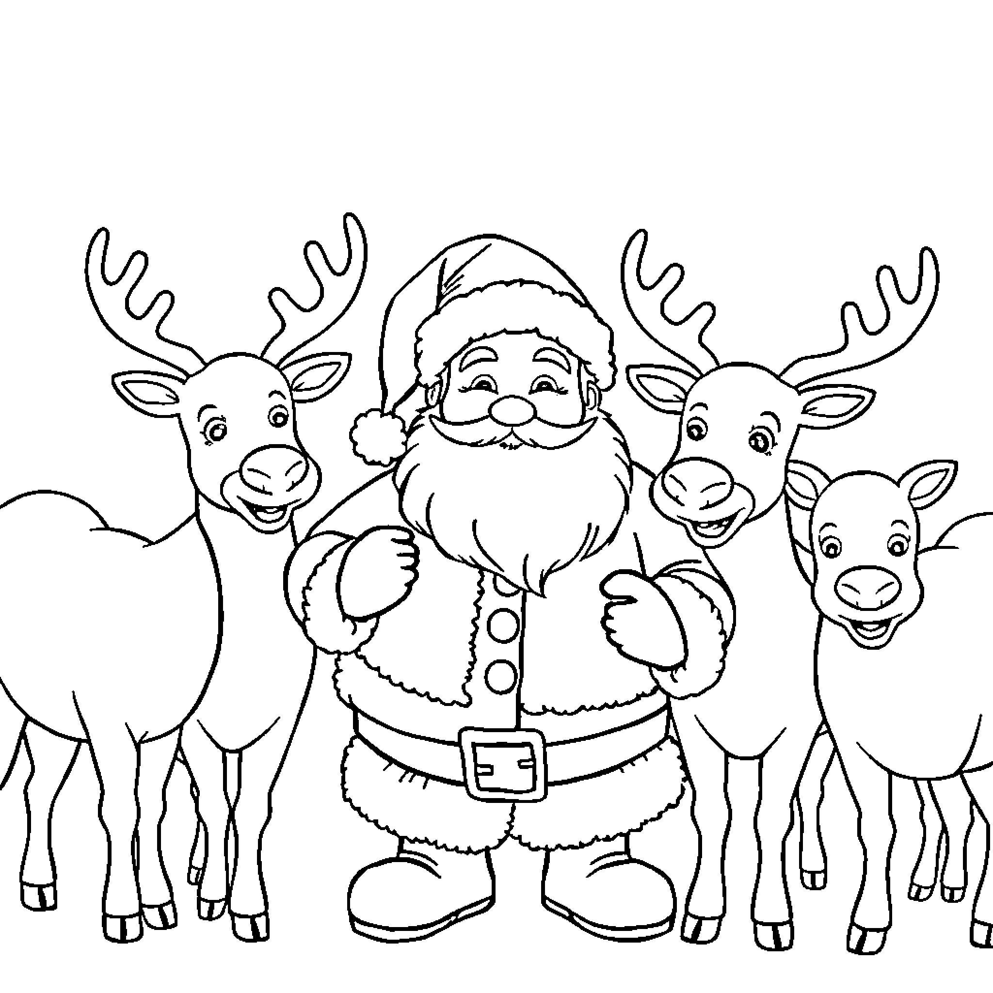 Santa surrounded by happy reindeer Coloring Page (free black-and-white line drawing printable PDF for all, from beginners to advanced learners, including children, teens, adults, and seniors)