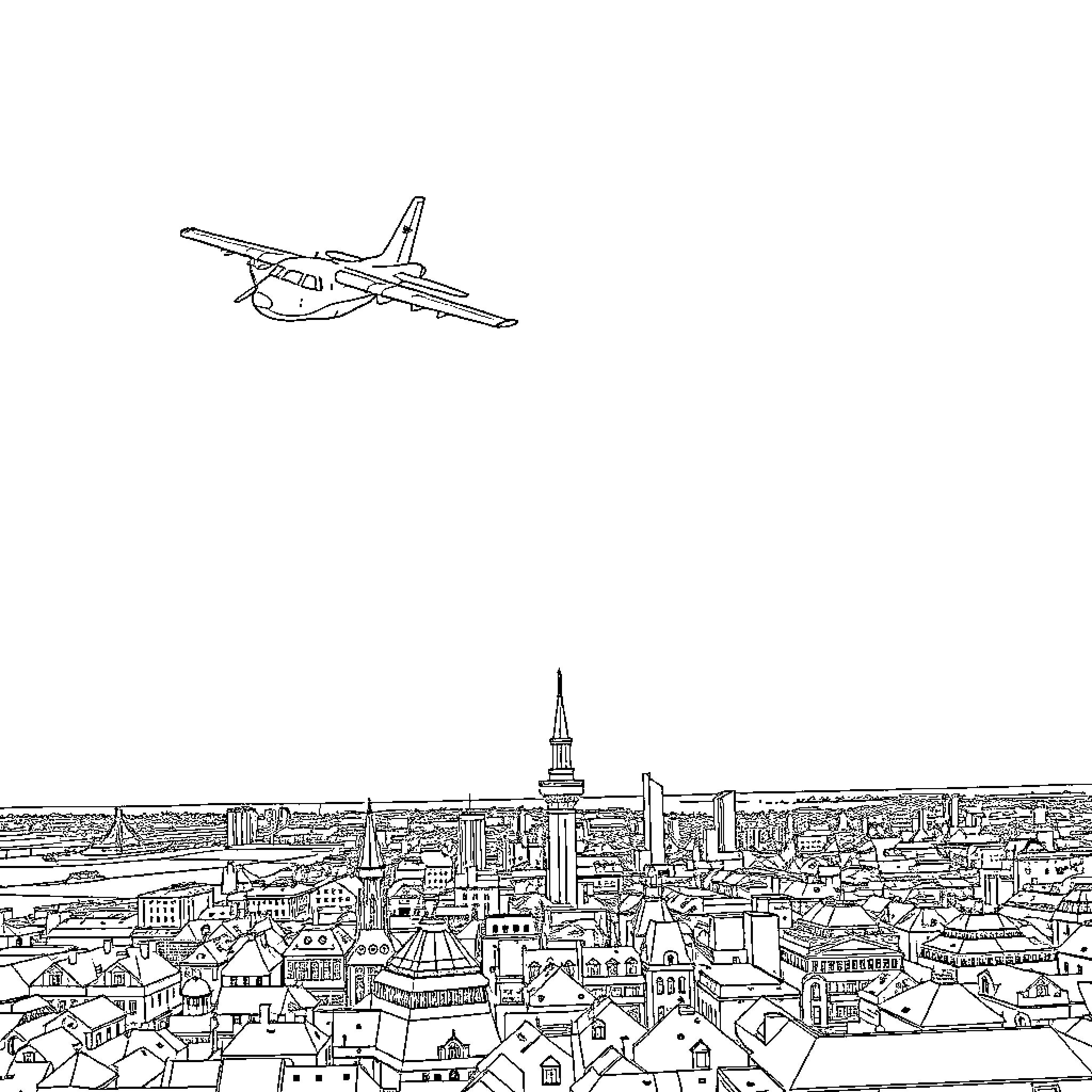 Plane flying over cityscape landscape Coloring Page (free black-and-white line drawing printable PDF for all, from beginners to advanced learners, including children, teens, adults, and seniors)