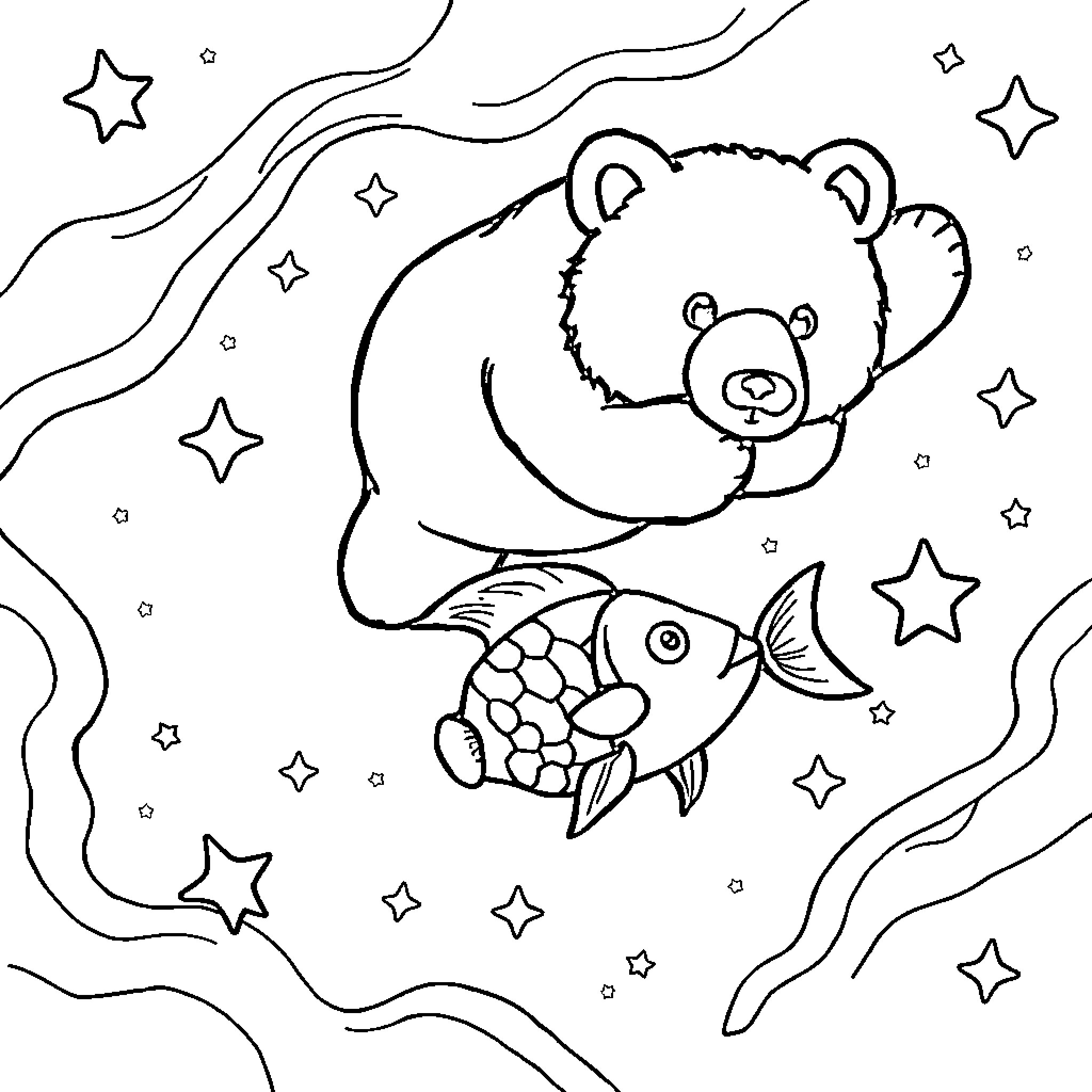 Bear playing with fish under starry night Coloring Page (free black-and-white line drawing printable PDF for all, from beginners to advanced learners, including children, teens, adults, and seniors)