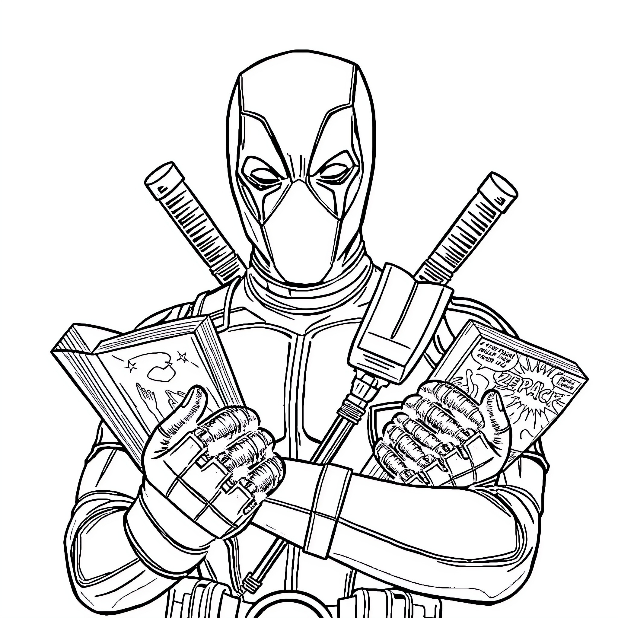 Deadpool wielding swords and comic books Coloring Page (free black-and-white line drawing printable PDF for all, from beginners to advanced learners, including children, teens, adults, and seniors)