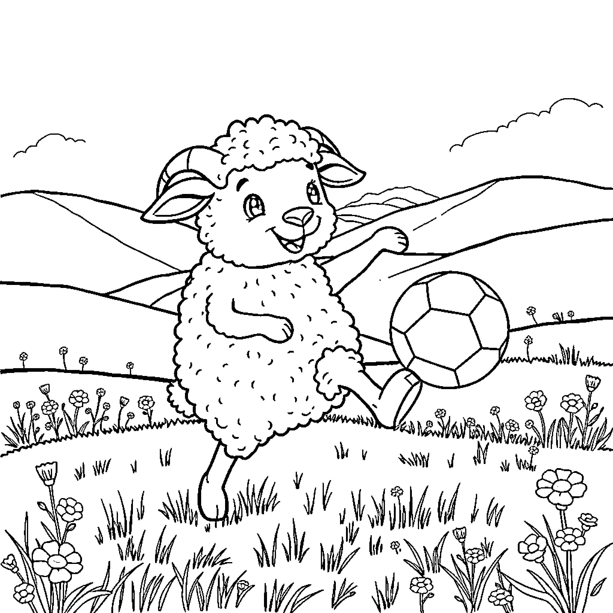 Sheep playing with soccer ball in meadow Coloring Page (free black-and-white line drawing printable PDF for all, from beginners to advanced learners, including children, teens, adults, and seniors)