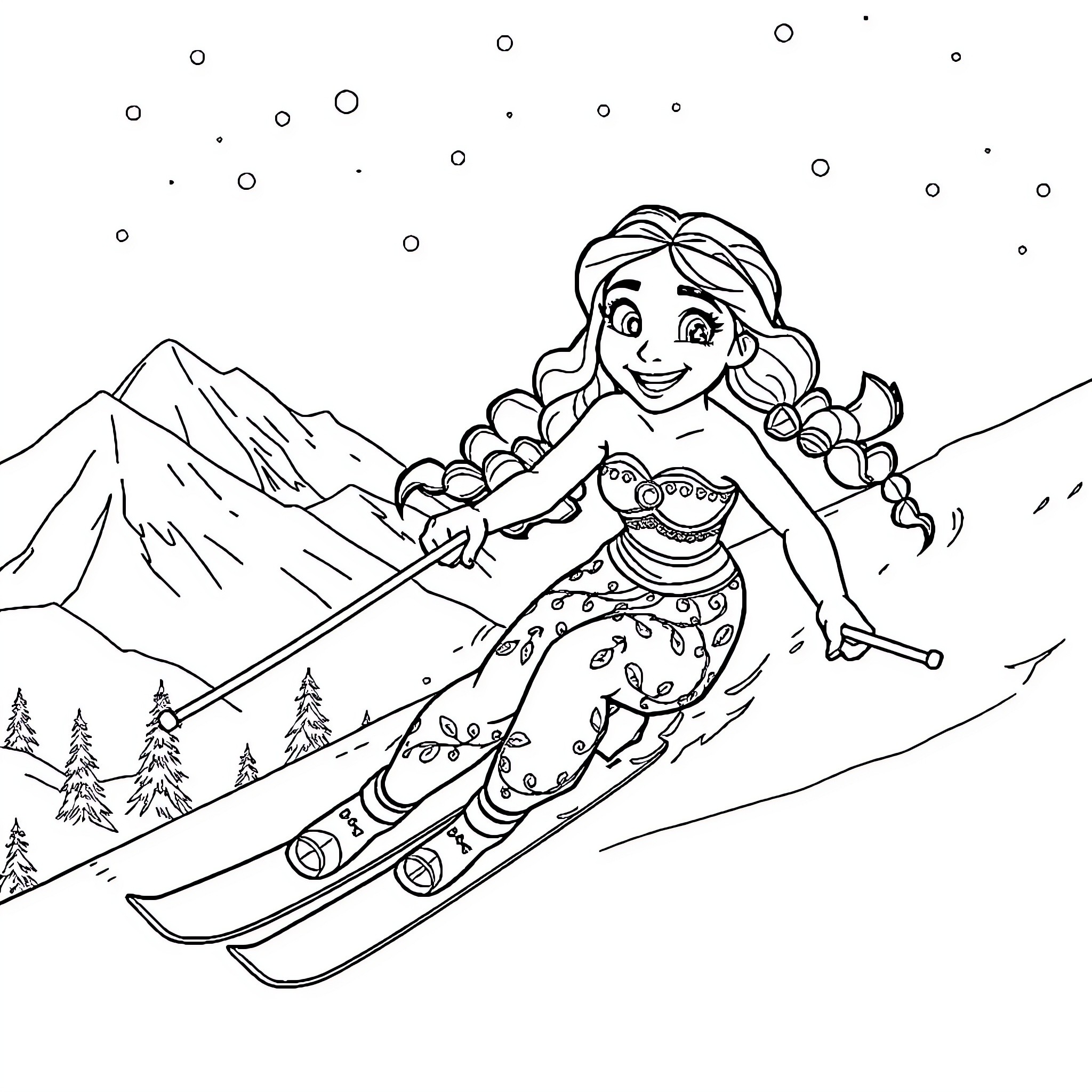 Vaiana skiing down the snowy mountains Coloring Page (free black-and-white line drawing printable PDF for all, from beginners to advanced learners, including children, teens, adults, and seniors)
