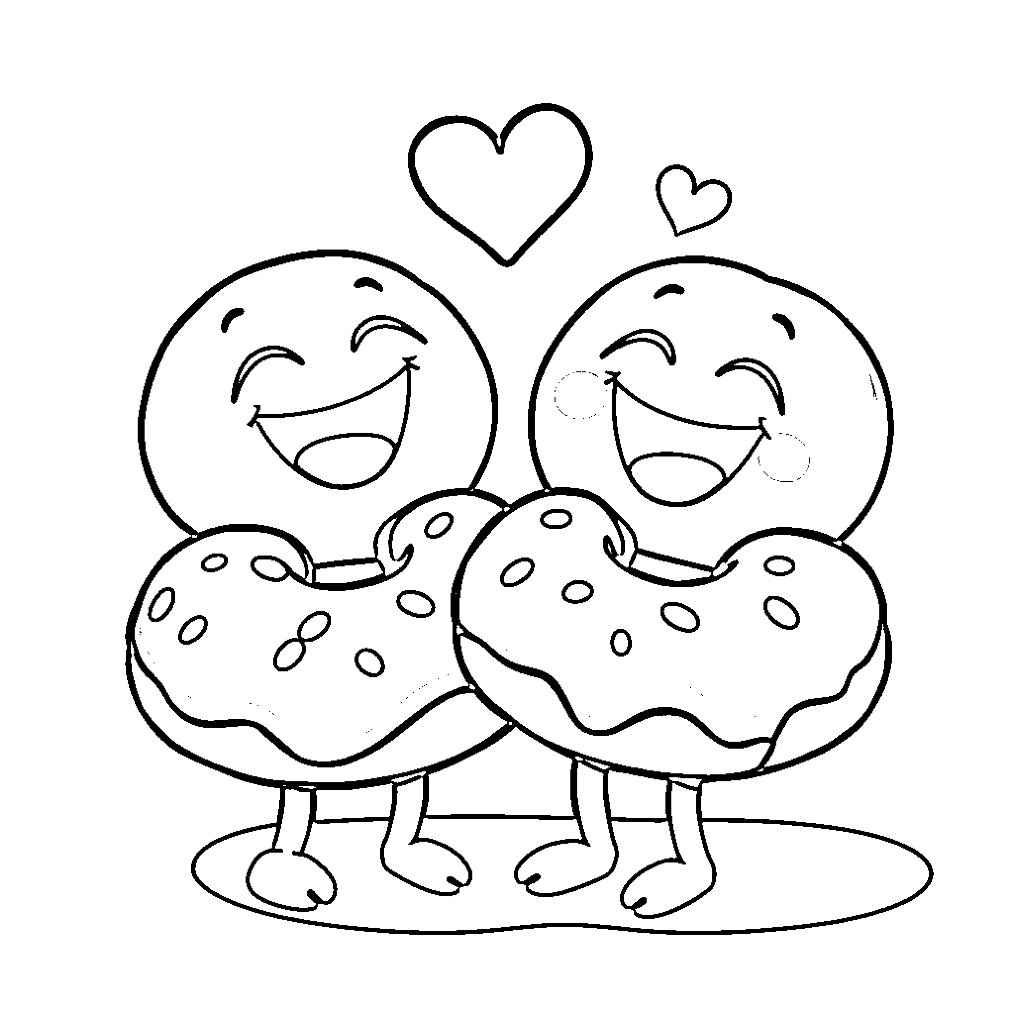 Donuts sharing a loving moment Coloring Page (free black-and-white line drawing printable PDF for all, from beginners to advanced learners, including children, teens, adults, and seniors)