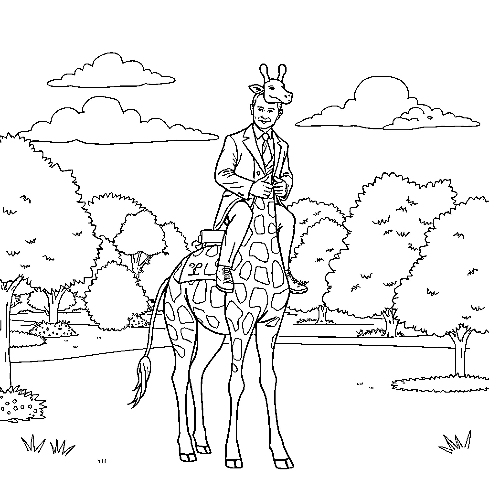 Vladimir Putin rides a giraffe in a whimsical landscape Coloring Page (free black-and-white line drawing printable PDF for all, from beginners to advanced learners, including children, teens, adults, and seniors)