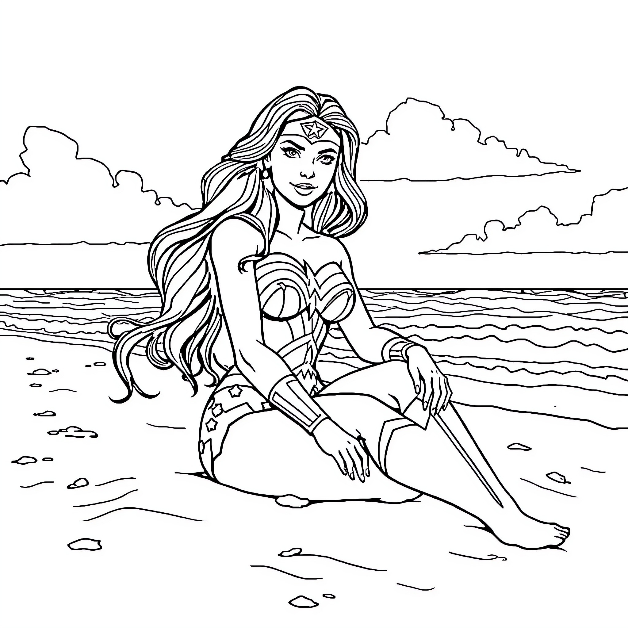 Wonder Woman Relaxing on the Beach Coloring Page (free black-and-white line drawing printable PDF for all, from beginners to advanced learners, including children, teens, adults, and seniors)