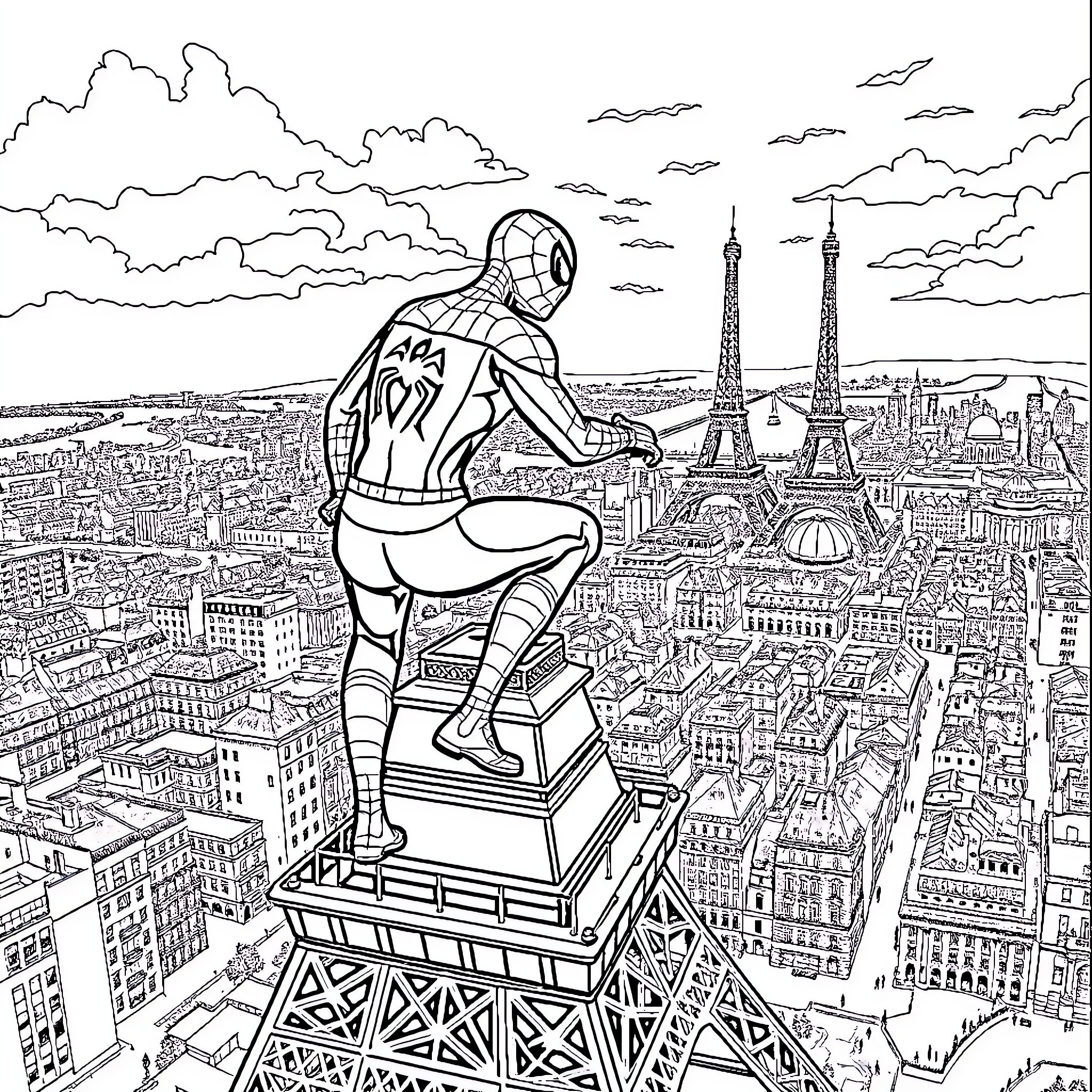 Spider-Man overlooking the city of Paris Coloring Page (free black-and-white line drawing printable PDF for all, from beginners to advanced learners, including children, teens, adults, and seniors)