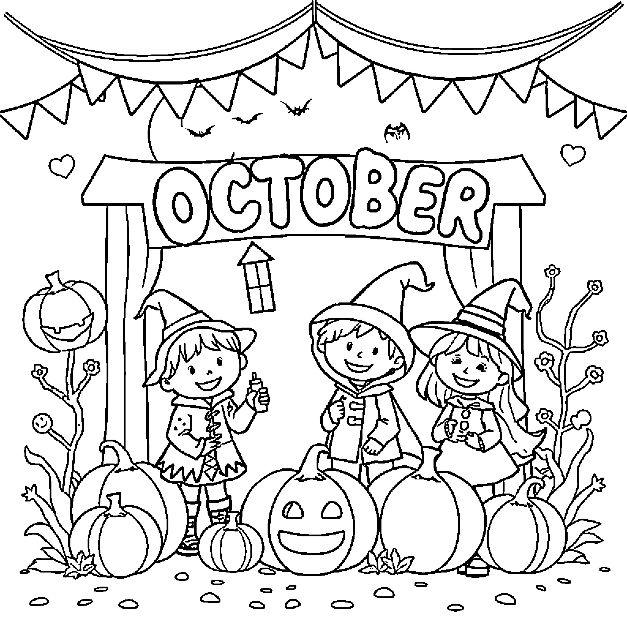 Halloween scene with children in costumes and pumpkins Coloring Page (free black-and-white line drawing printable PDF for all, from beginners to advanced learners, including children, teens, adults, and seniors)