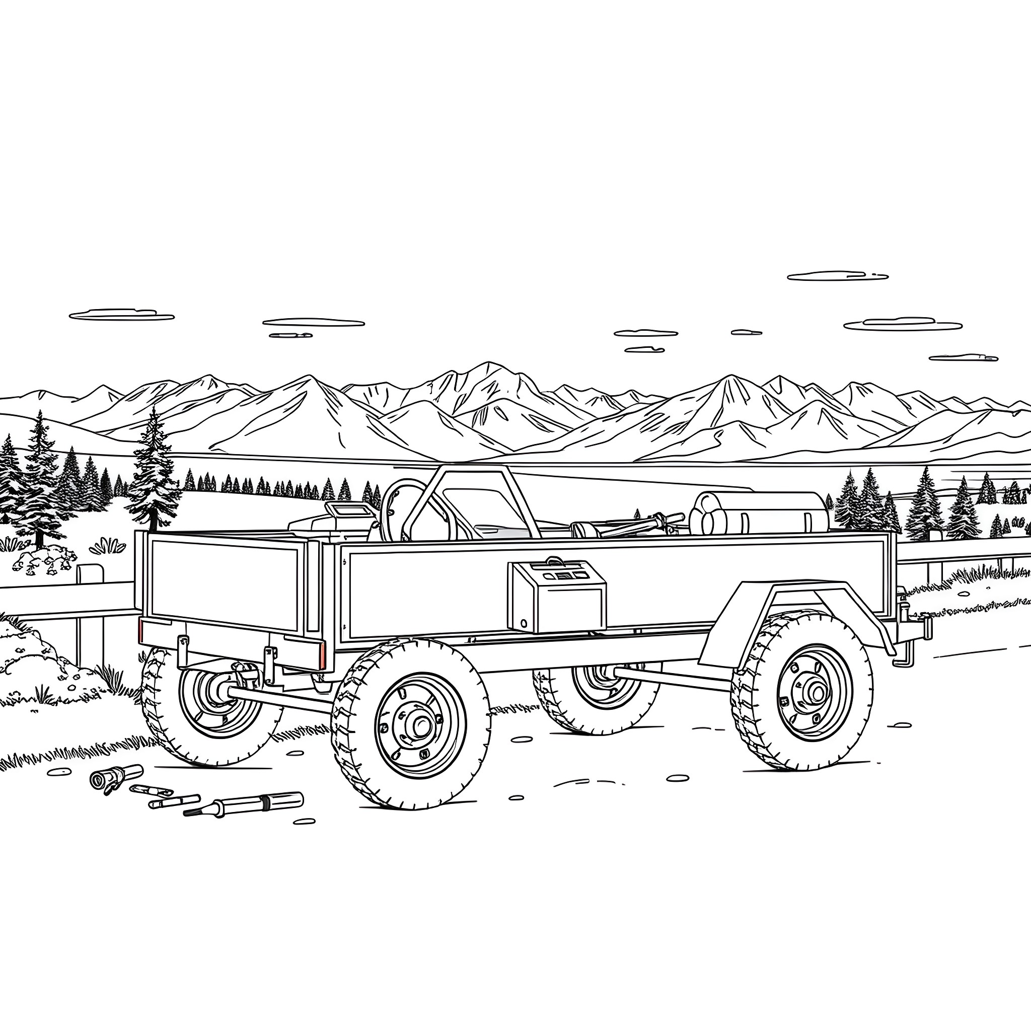 Car Trailer Carrying Heavy Equipment in Mountainous Landscape Coloring Page (free black-and-white line drawing printable PDF for all, from beginners to advanced learners, including children, teens, adults, and seniors)