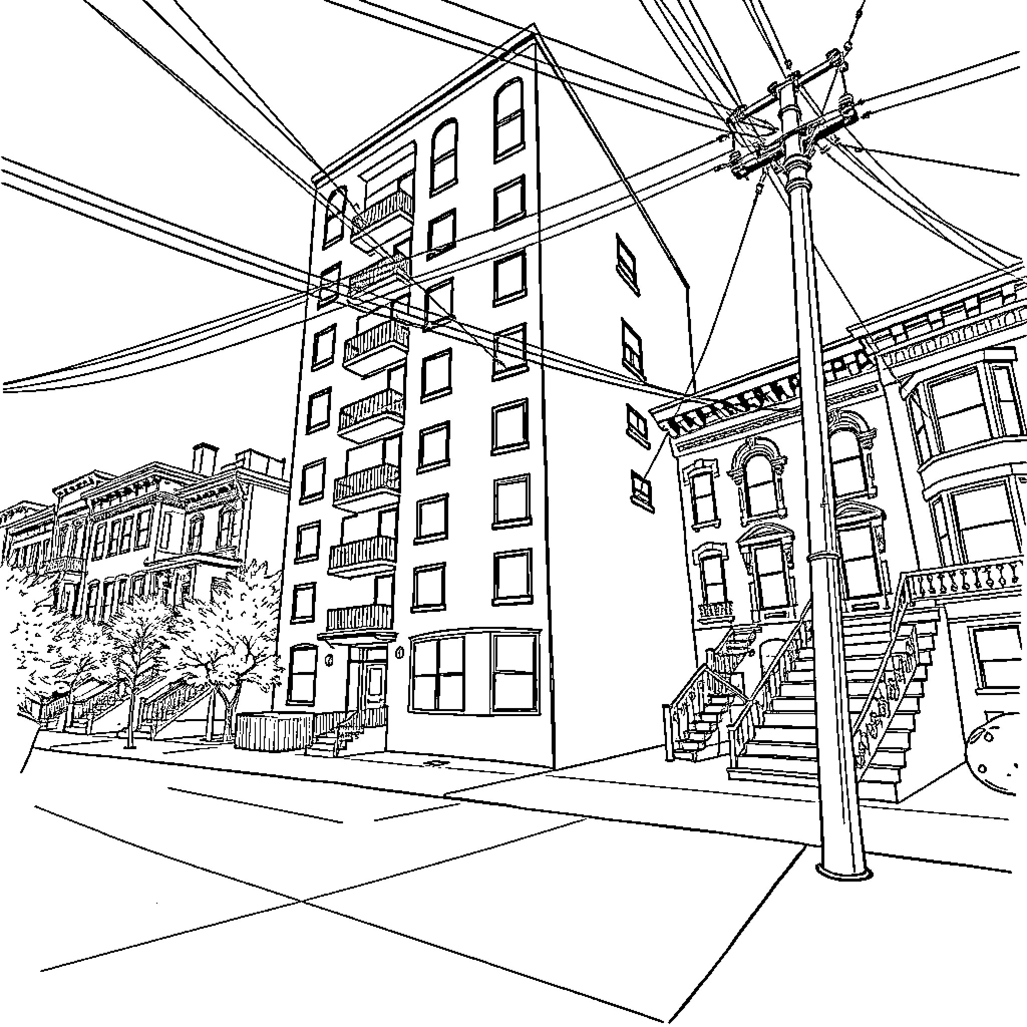 Building with intricate architectural details and wires overhead Coloring Page (free black-and-white line drawing printable PDF for all, from beginners to advanced learners, including children, teens, adults, and seniors)
