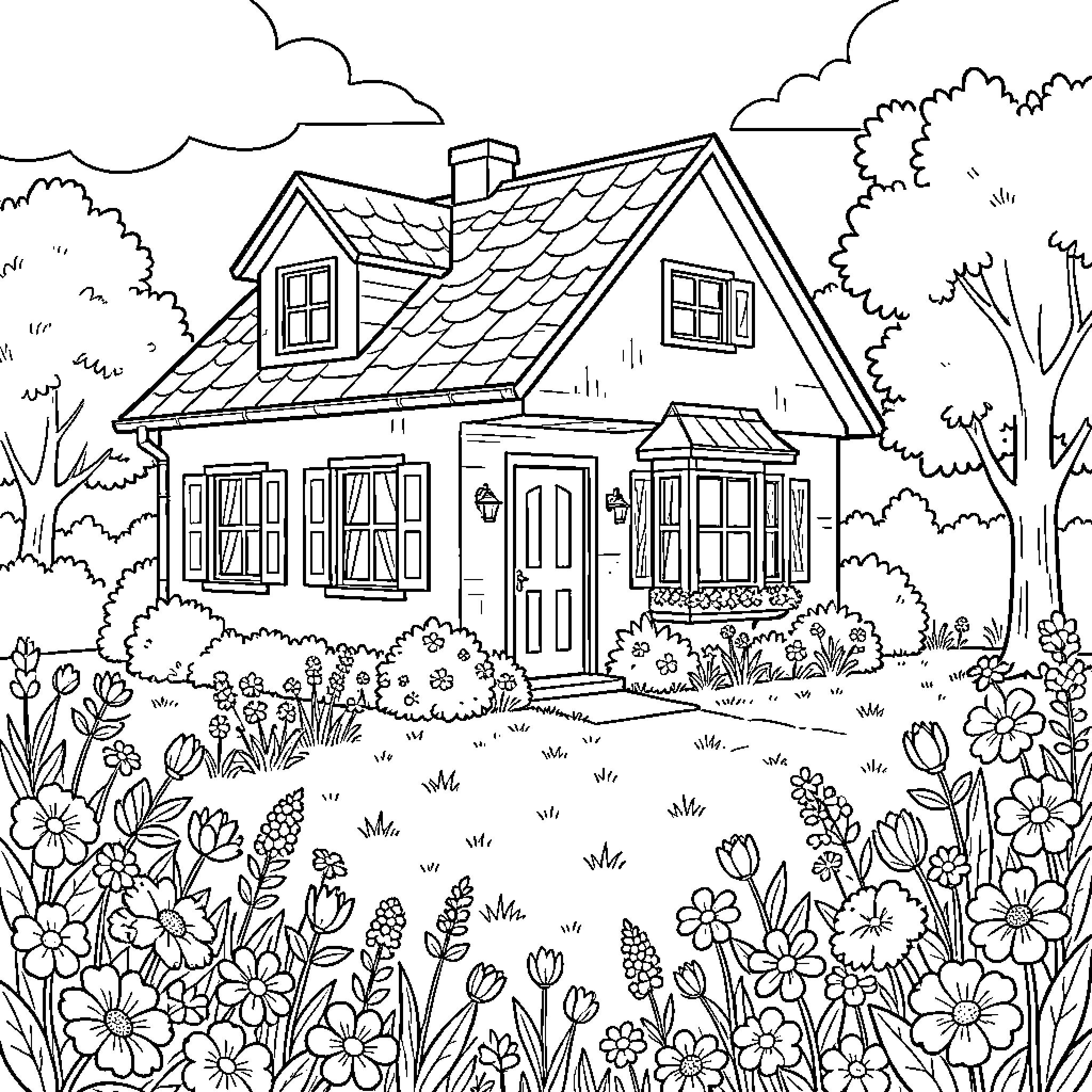 House with Flowers and Greenery in the Landscape Coloring Page (free black-and-white line drawing printable PDF for all, from beginners to advanced learners, including children, teens, adults, and seniors)
