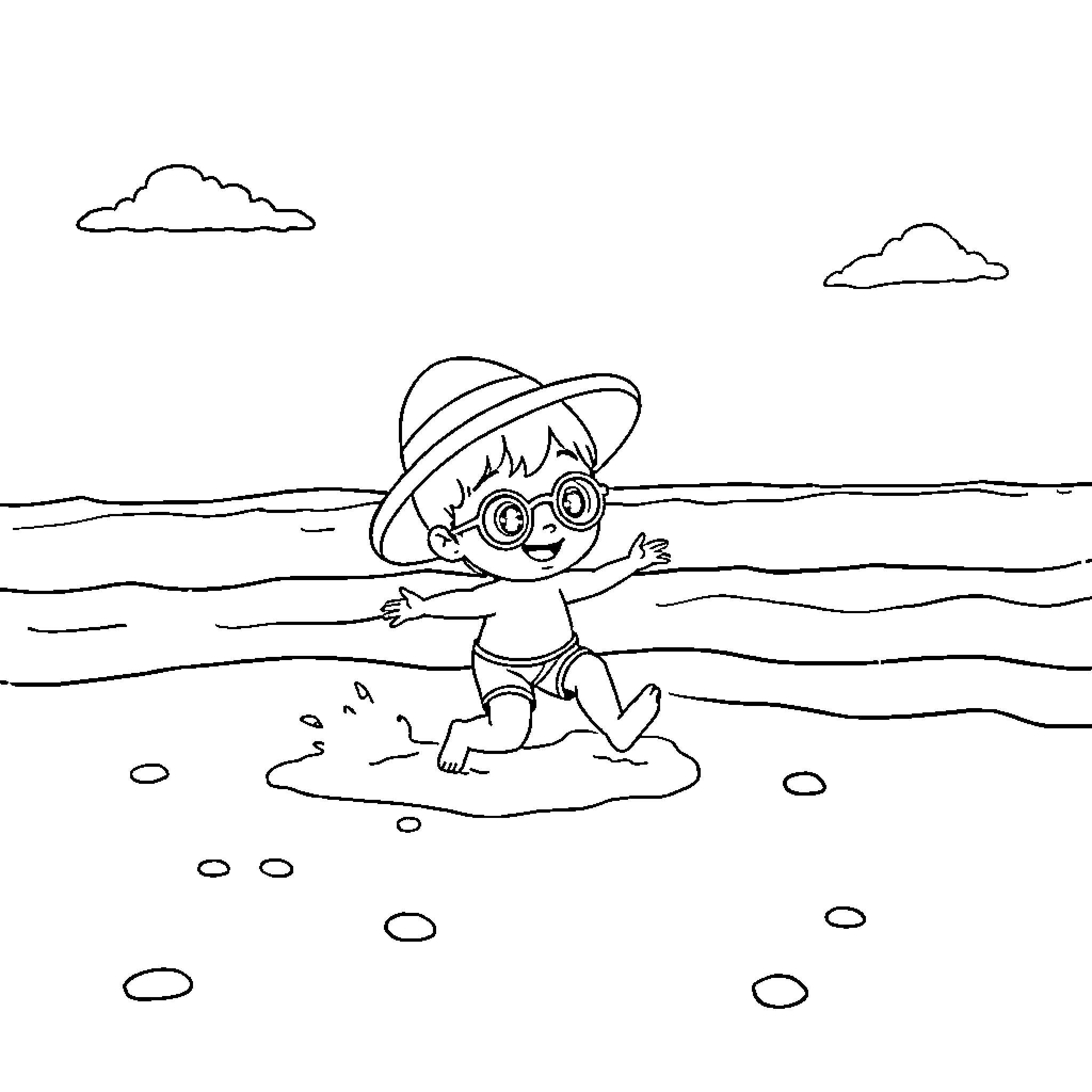 Pocoyo playing happily in the ocean Coloring Page (free black-and-white line drawing printable PDF for all, from beginners to advanced learners, including children, teens, adults, and seniors)