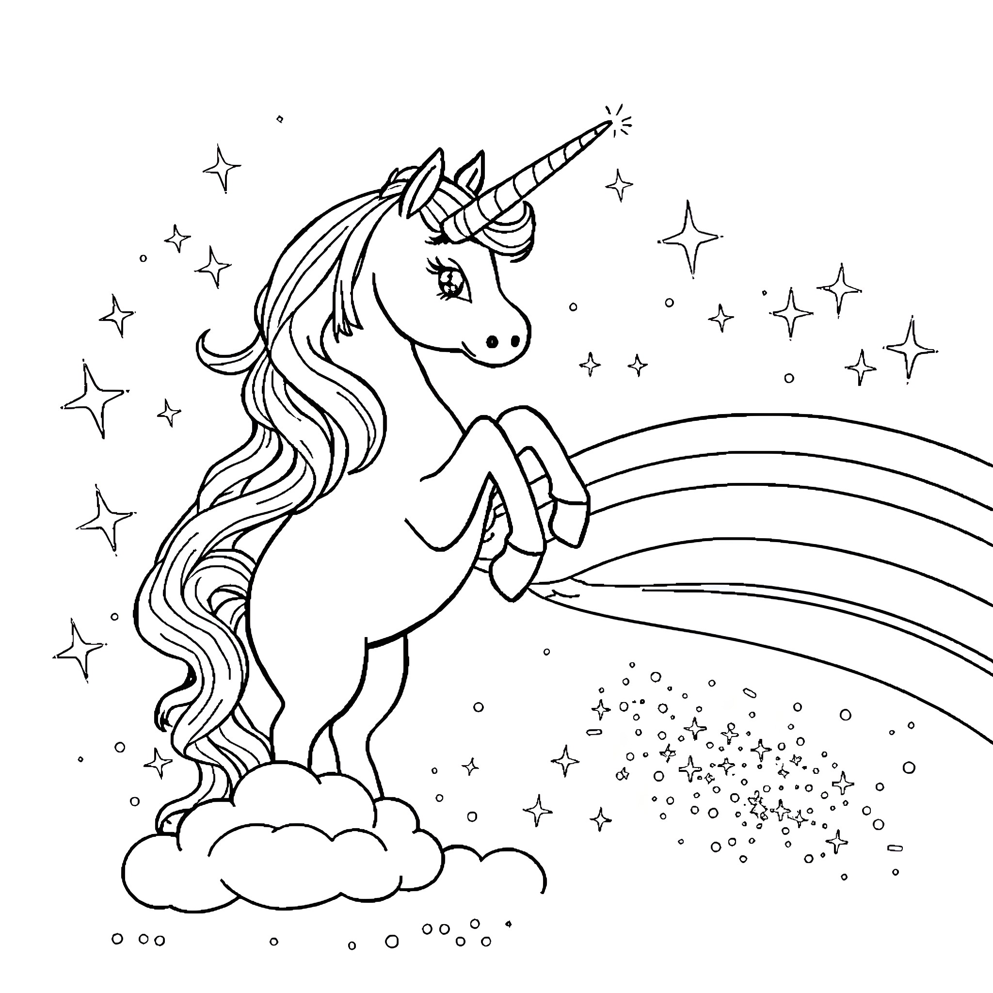 Unicorn prancing through starry night sky Coloring Page (free black-and-white line drawing printable PDF for all, from beginners to advanced learners, including children, teens, adults, and seniors)