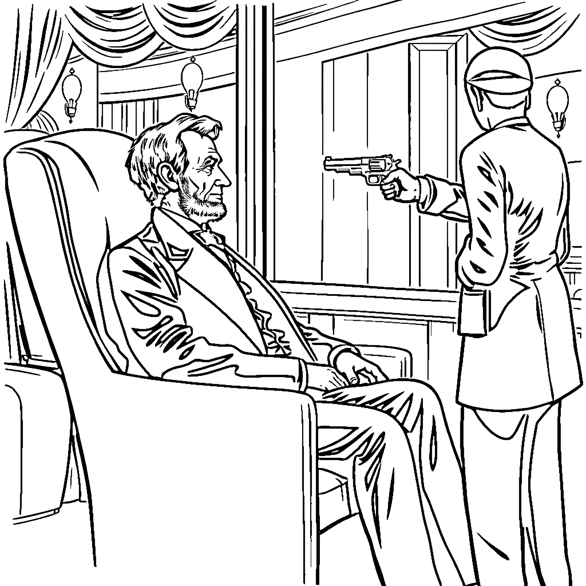 Abraham Lincoln in a tense confrontation with an armed intruder Coloring Page (free black-and-white line drawing printable PDF for all, from beginners to advanced learners, including children, teens, adults, and seniors)