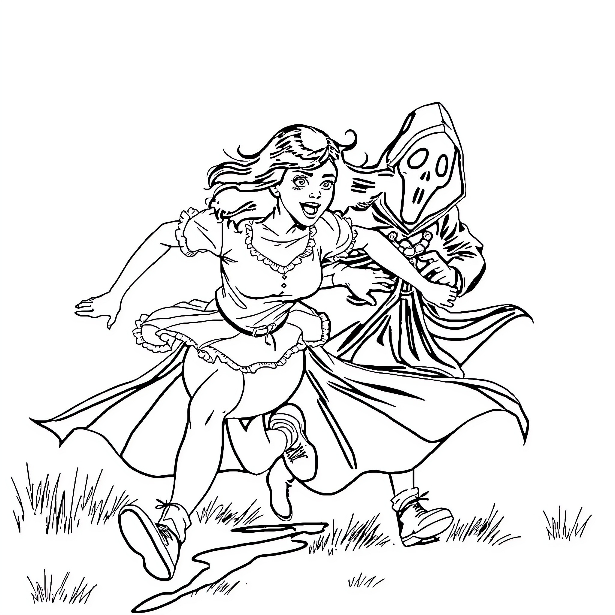 Melanie Martinez running playfully with a monster friend Coloring Page (free black-and-white line drawing printable PDF for all, from beginners to advanced learners, including children, teens, adults, and seniors)