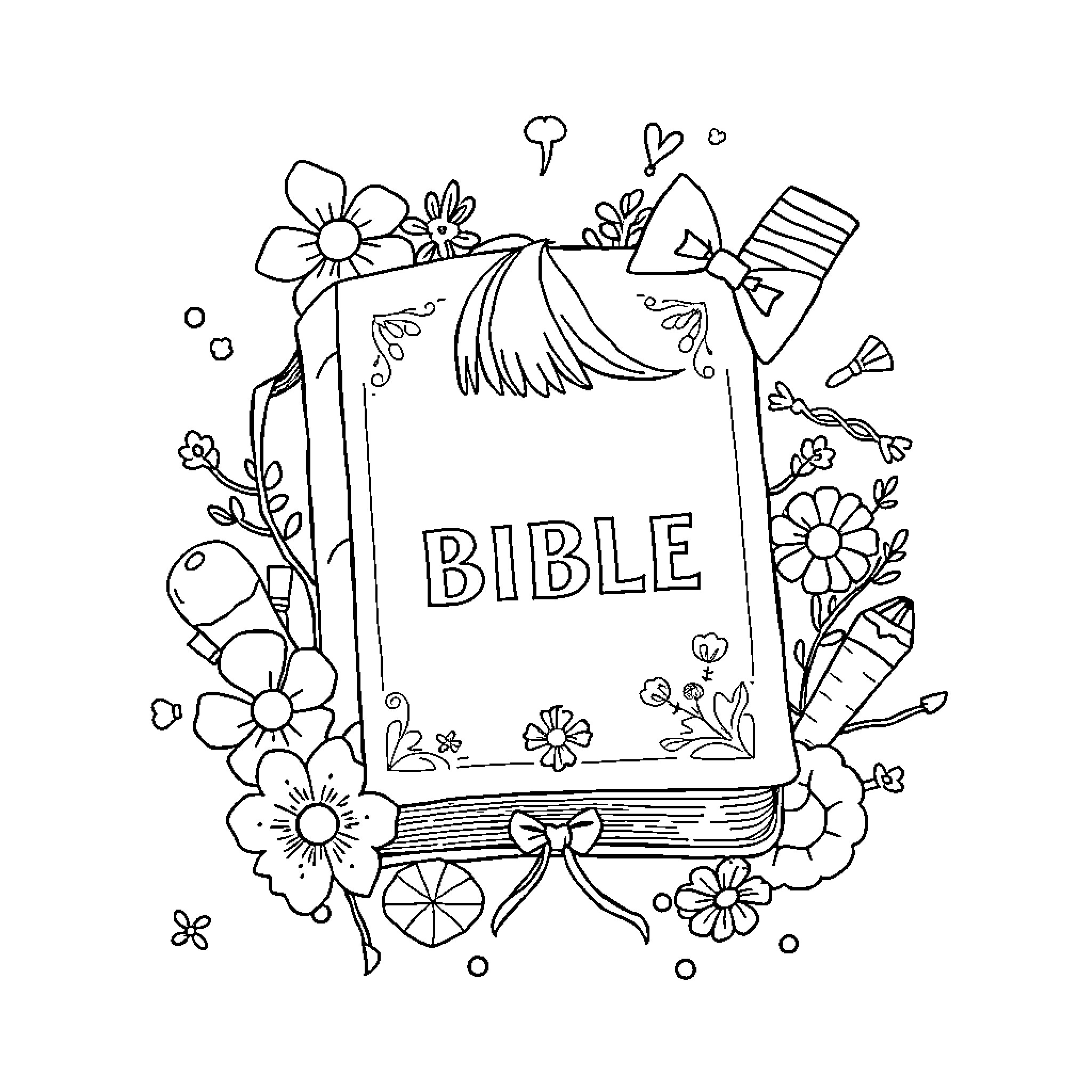 Bible with floral frame and decorative elements Coloring Page (free black-and-white line drawing printable PDF for all, from beginners to advanced learners, including children, teens, adults, and seniors)
