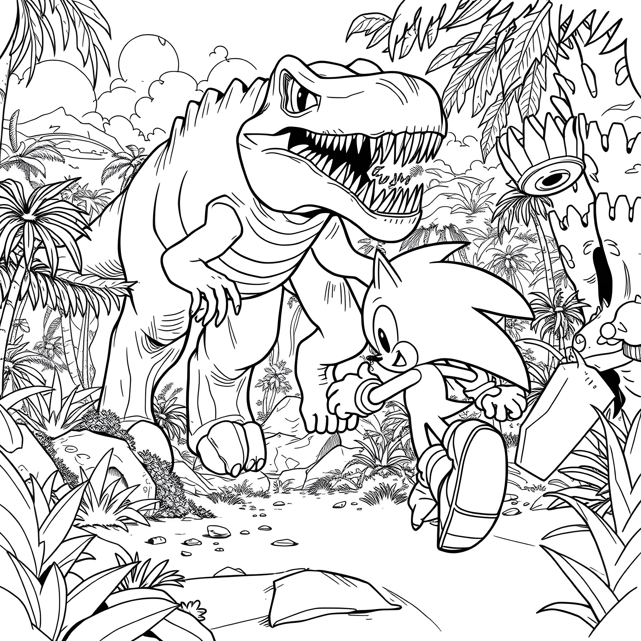 Sonic's Prehistoric Adventure with Dinosaurs Coloring Page (free black-and-white line drawing printable PDF for all, from beginners to advanced learners, including children, teens, adults, and seniors)
